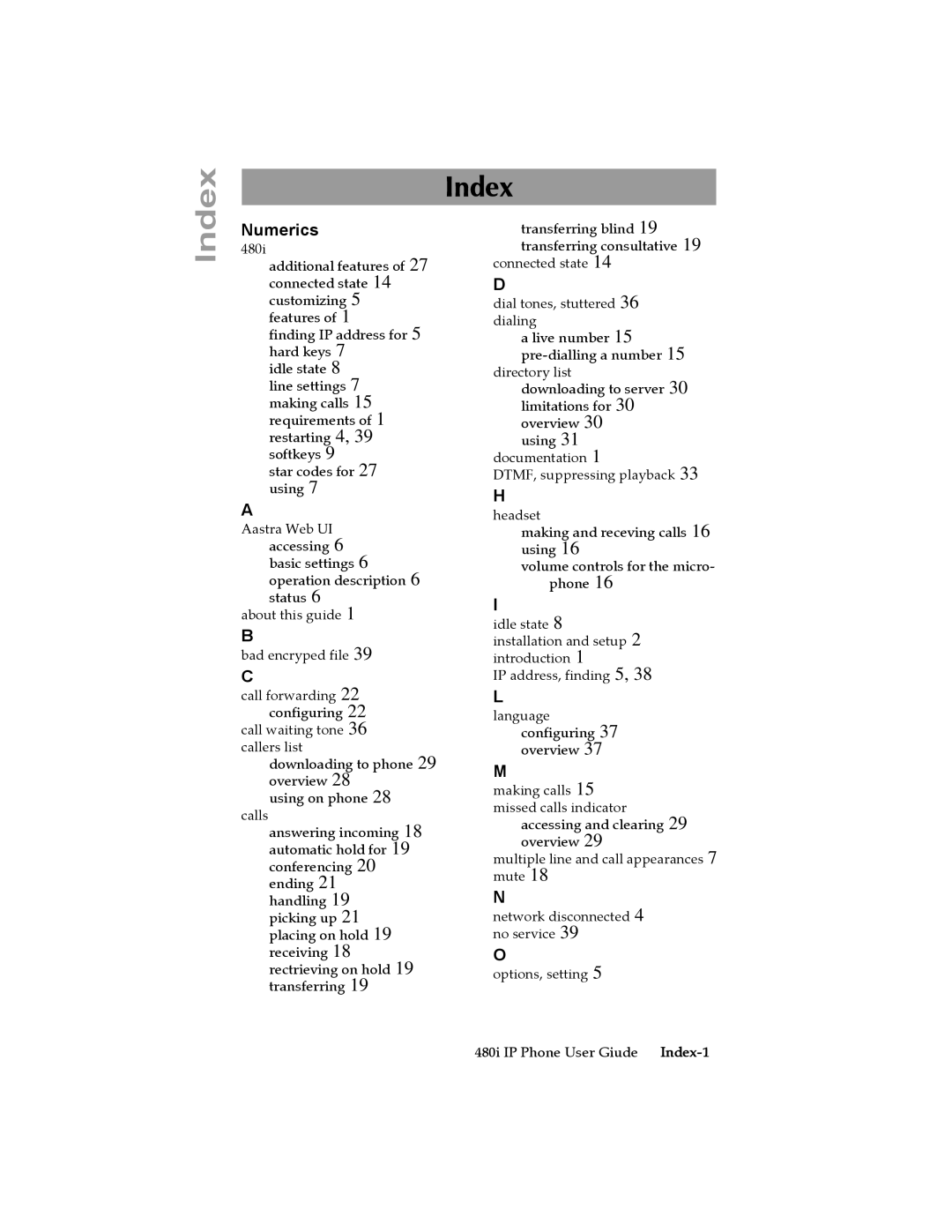 Aastra Telecom 480I manual Index 