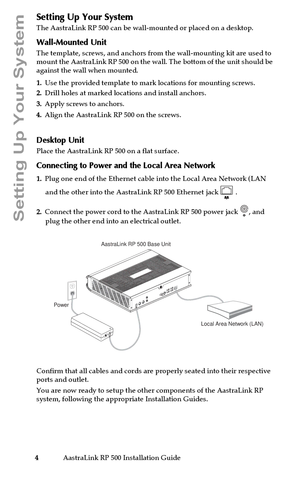 Aastra Telecom 500 Setting Up Your System, Wall-Mounted Unit, Desktop Unit, Connecting to Power and the Local Area Network 