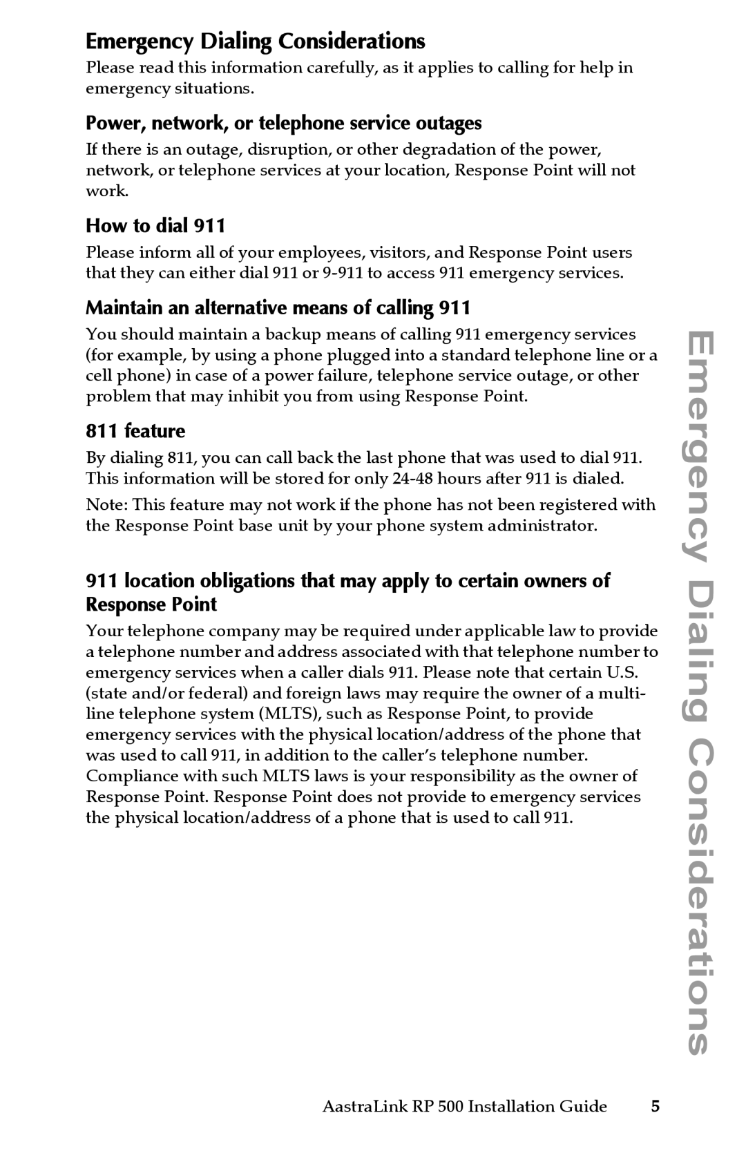 Aastra Telecom 500 manual Emergency Dialing Considerations 