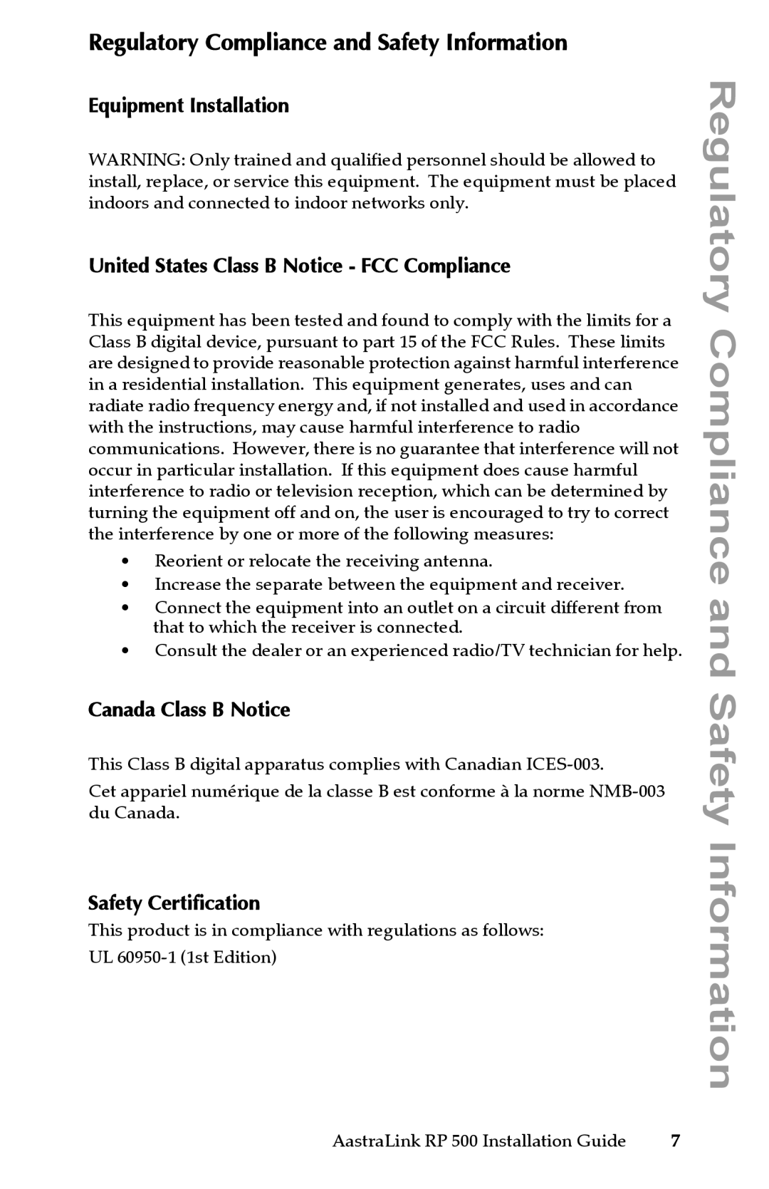 Aastra Telecom 500 manual Regulatory Compliance and Safety Information, Canada Class B Notice, Safety Certification 