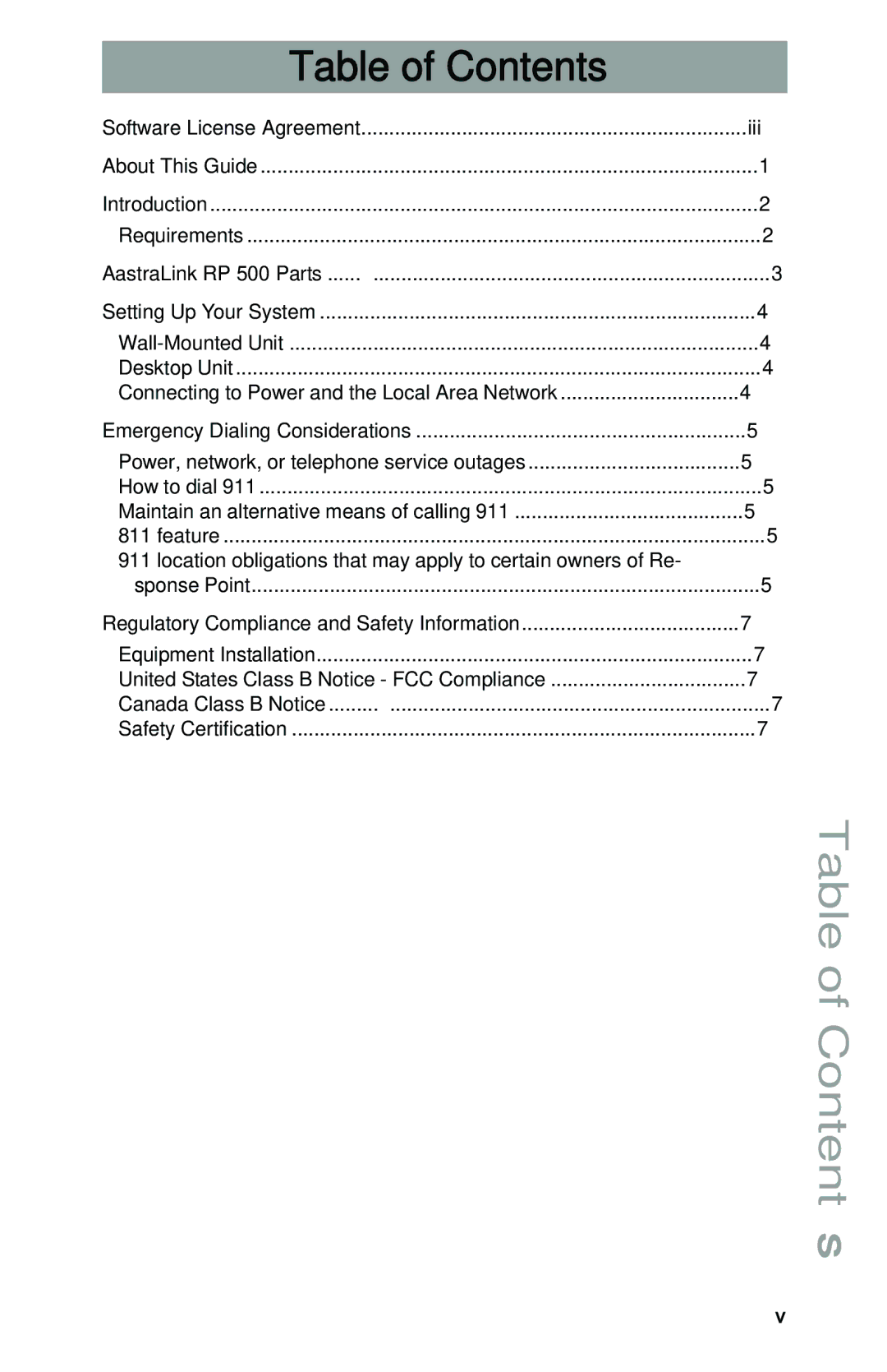 Aastra Telecom 500 manual Table of Contents 