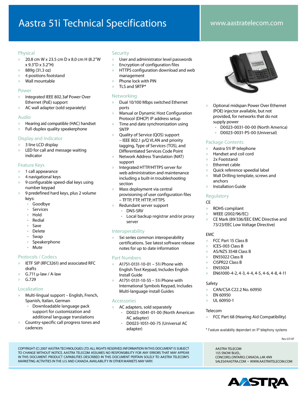 Aastra Telecom 51I manual Aastra 51i Technical Specifications 