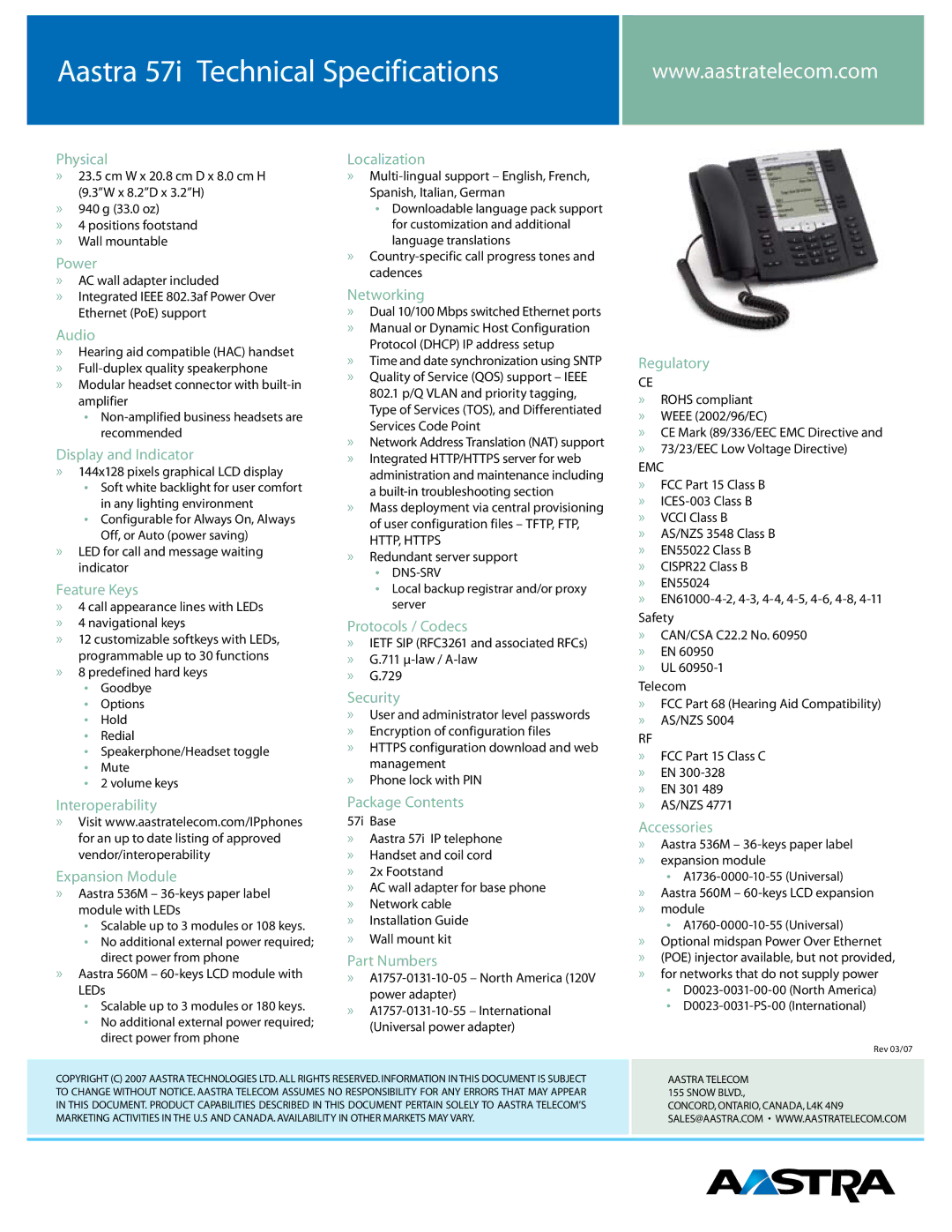 Aastra Telecom 51I » 144x128 pixels graphical LCD display, EN 301, » Aastra 536M 36-keys paper label module with LEDs 