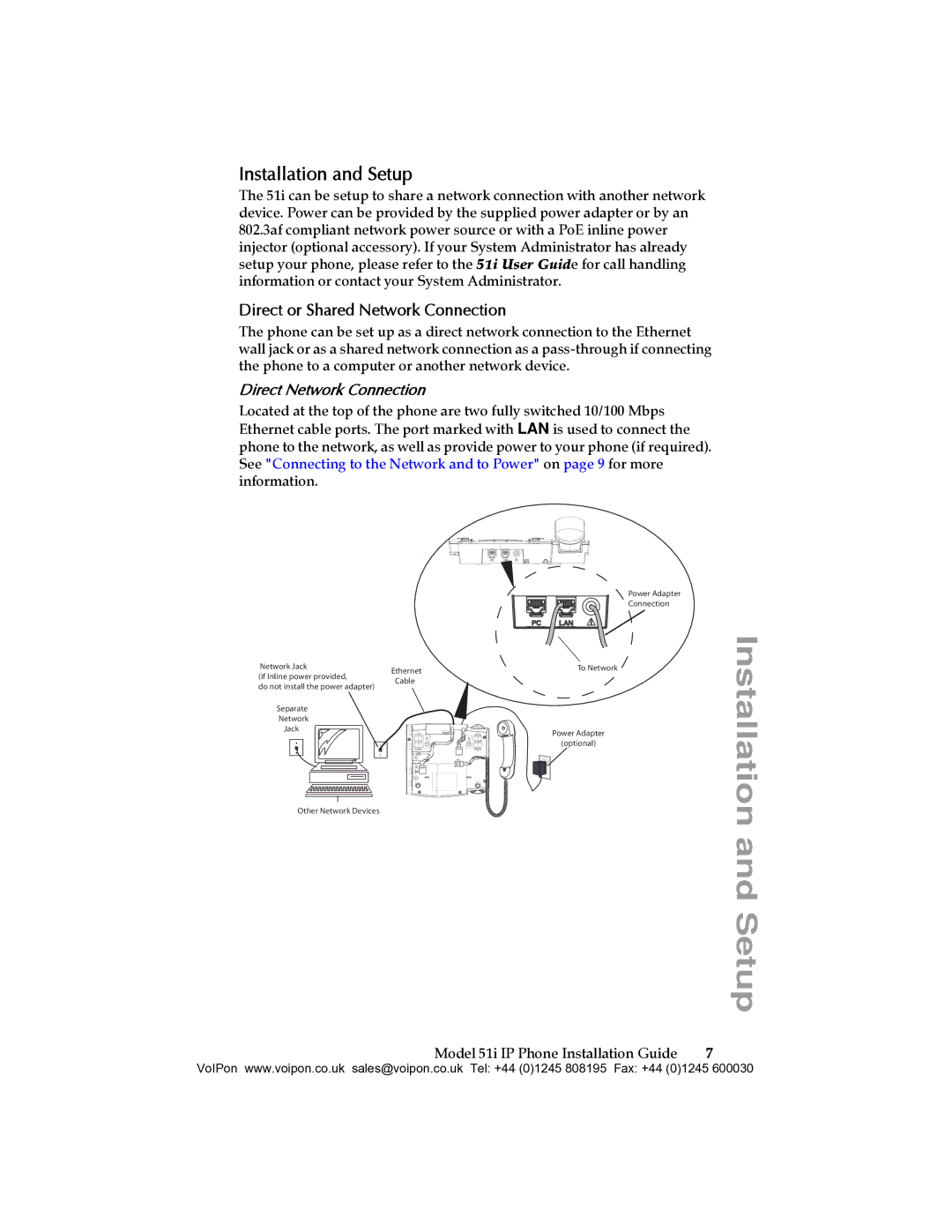 Aastra Telecom 51I manual Installation and Setup, Direct or Shared Network Connection, Direct Network Connection 