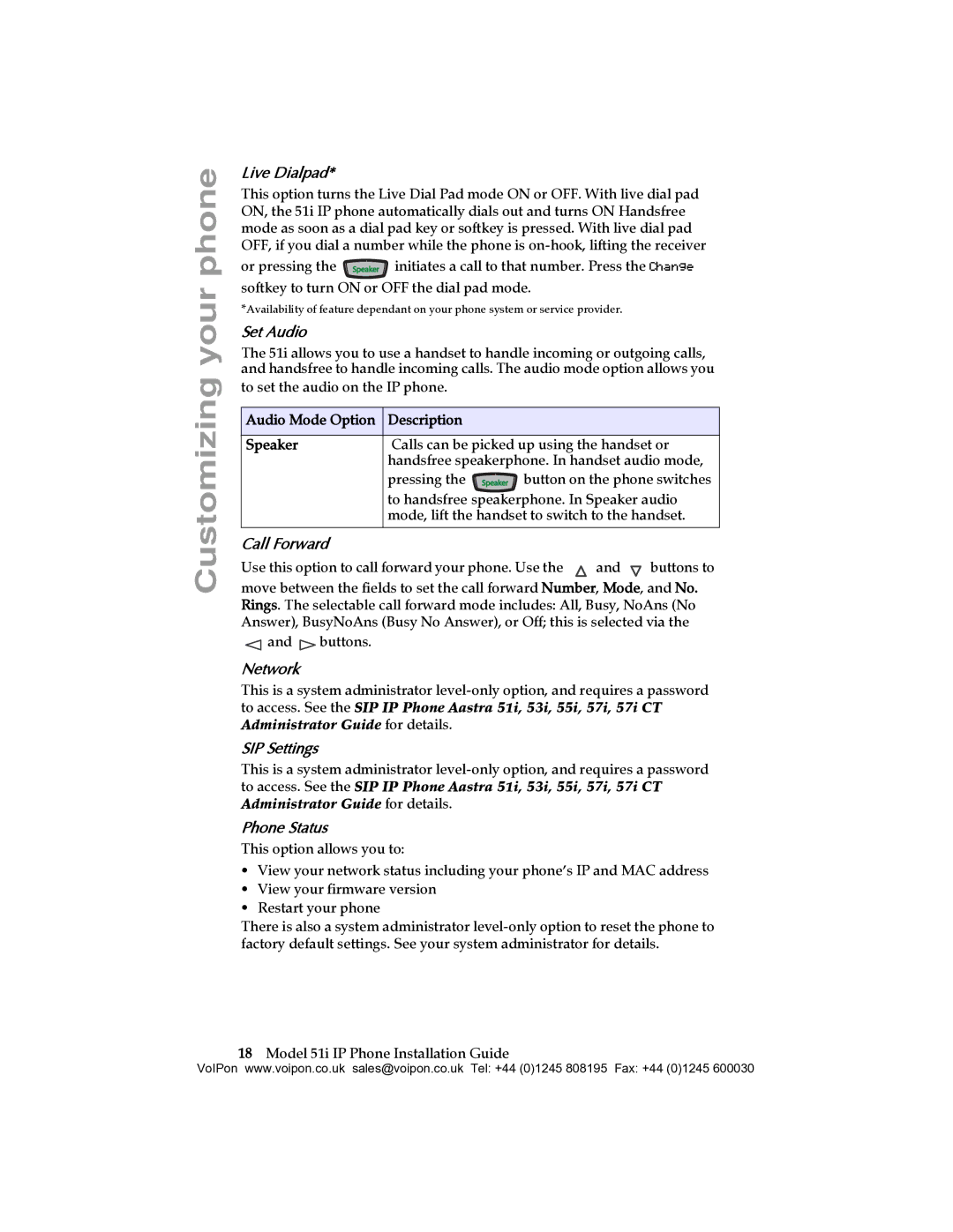 Aastra Telecom 51I manual Live Dialpad, Set Audio, Call Forward, Network, SIP Settings, Phone Status 