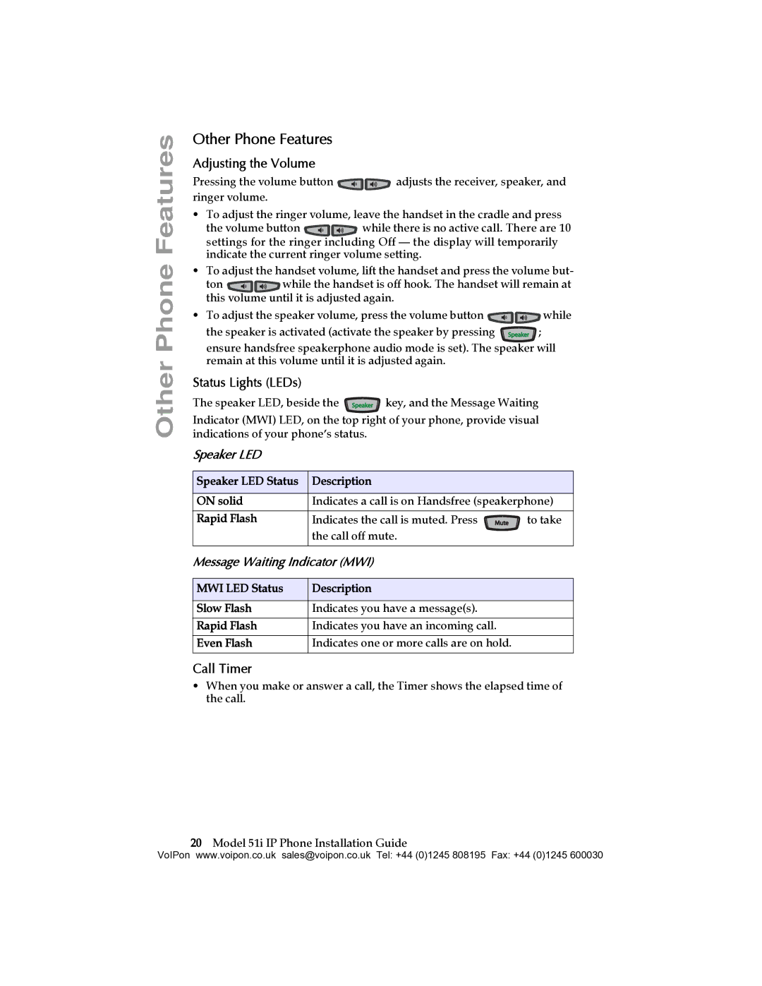 Aastra Telecom 51I manual Other Phone Features, Adjusting the Volume, Status Lights LEDs, Call Timer 