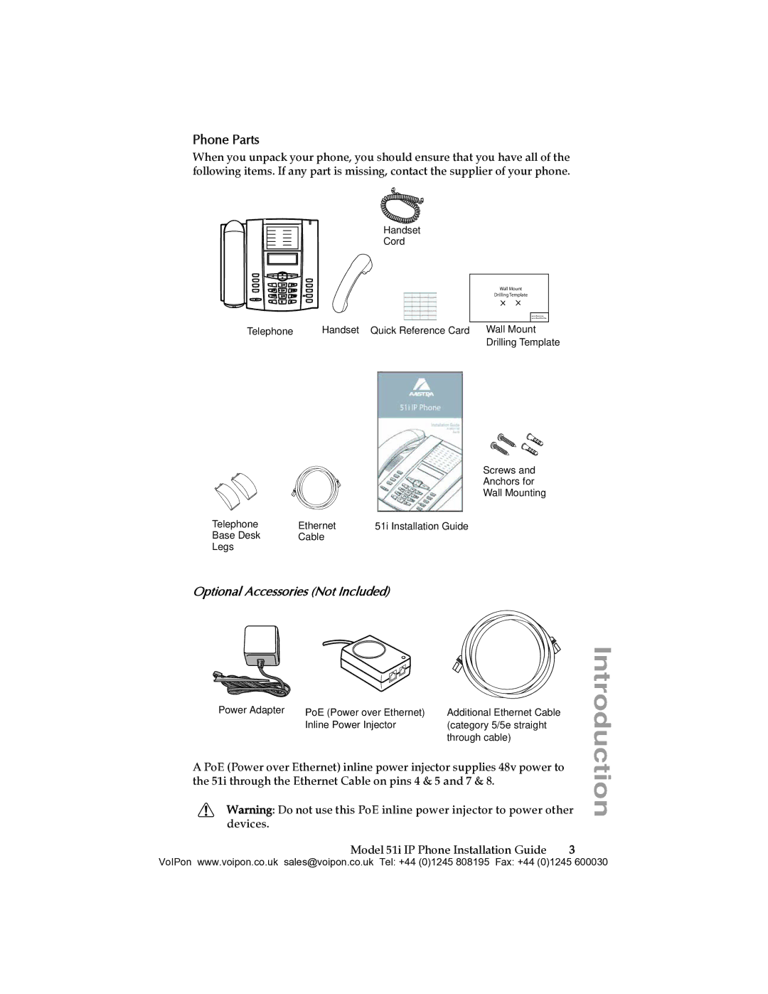 Aastra Telecom 51I manual Phone Parts, Optional Accessories Not Included 