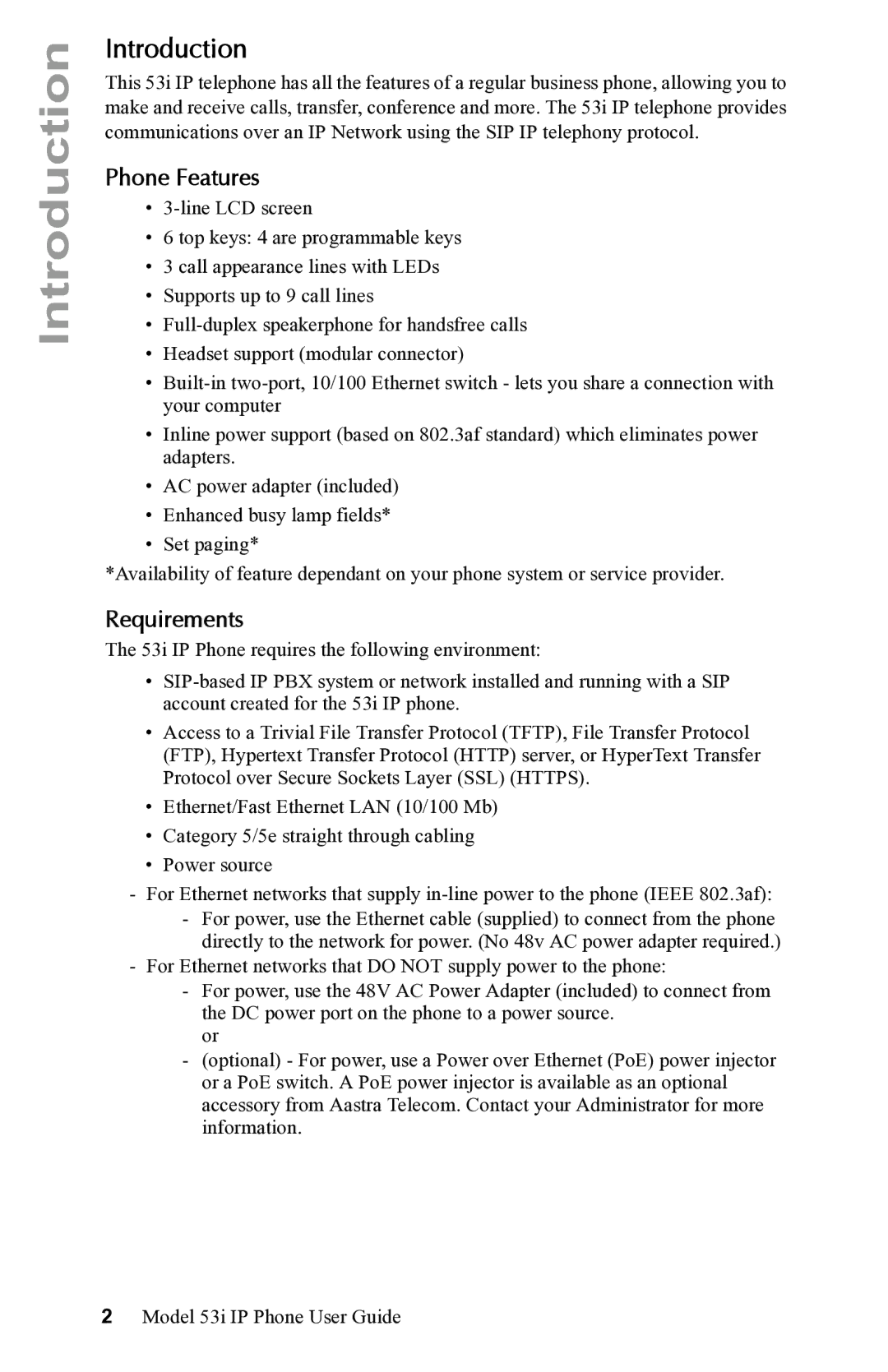 Aastra Telecom 53i IP Phone manual Introduction, Phone Features, Requirements 