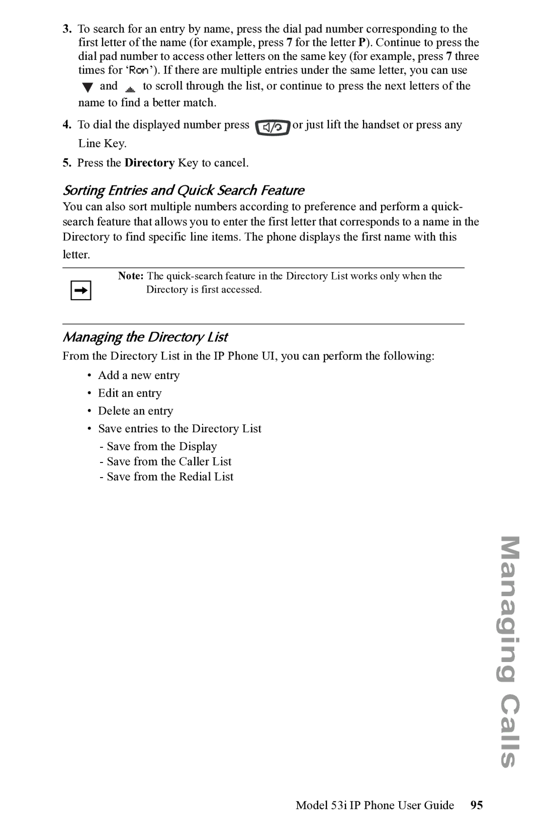 Aastra Telecom 53i IP Phone manual Sorting Entries and Quick Search Feature, Managing the Directory List 