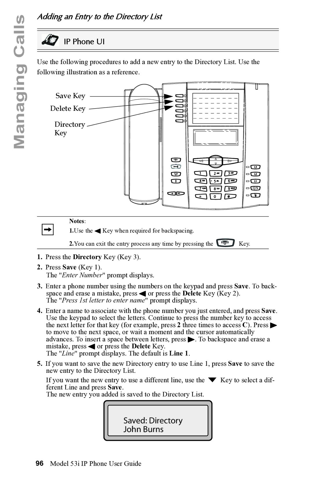 Aastra Telecom 53i IP Phone manual Saved Directory John Burns, Adding an Entry to the Directory List 