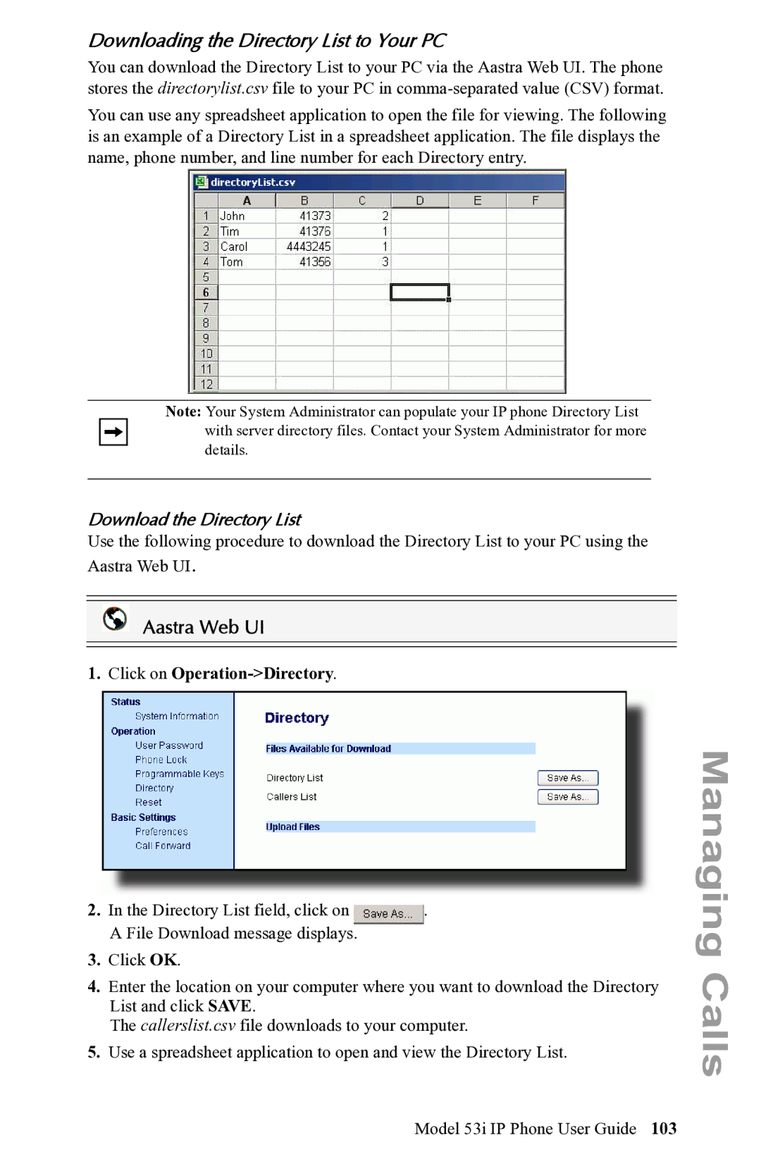 Aastra Telecom 53i IP Phone manual Downloading the Directory List to Your PC, Download the Directory List 