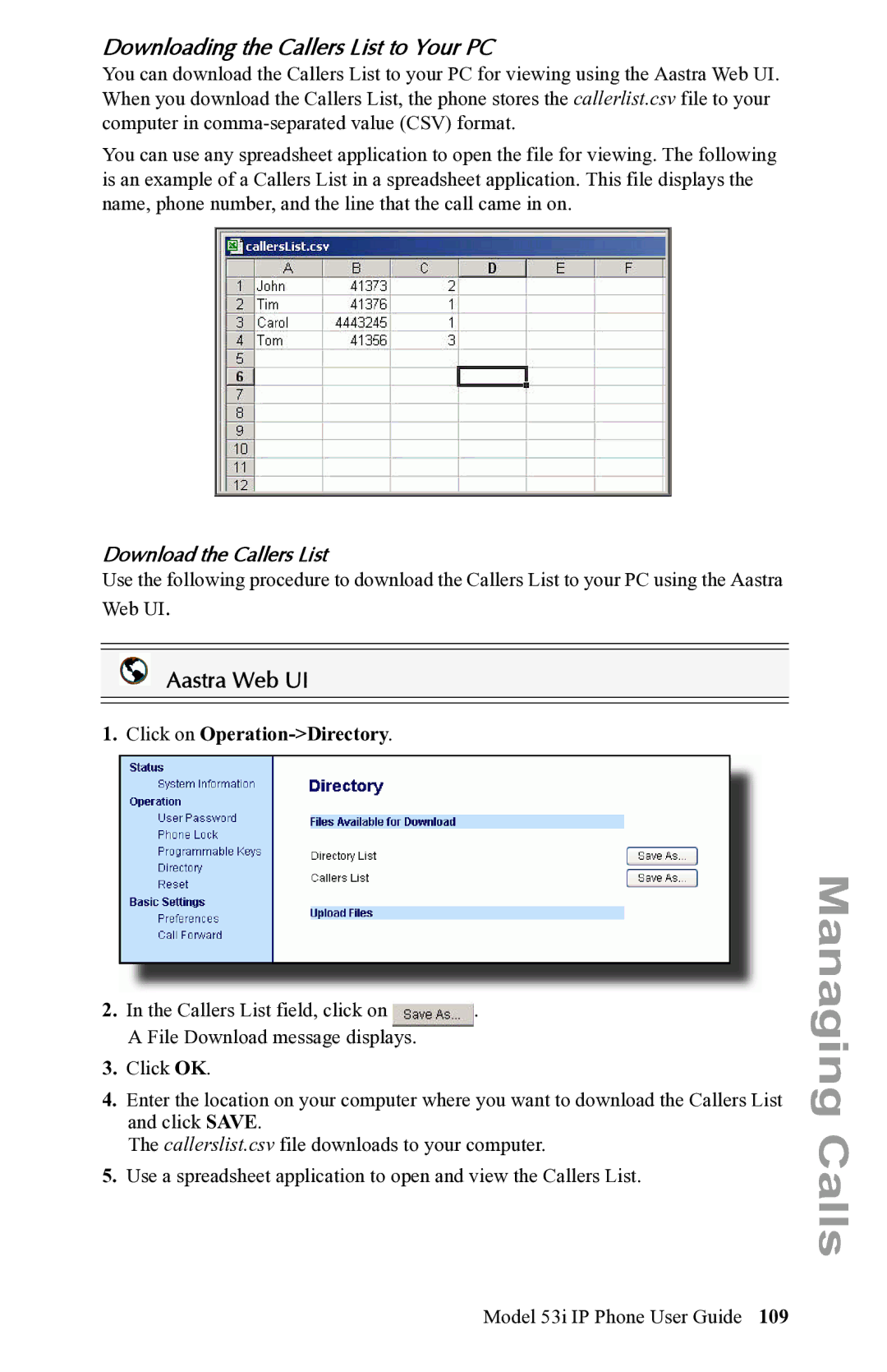 Aastra Telecom 53i IP Phone manual Downloading the Callers List to Your PC, Download the Callers List 