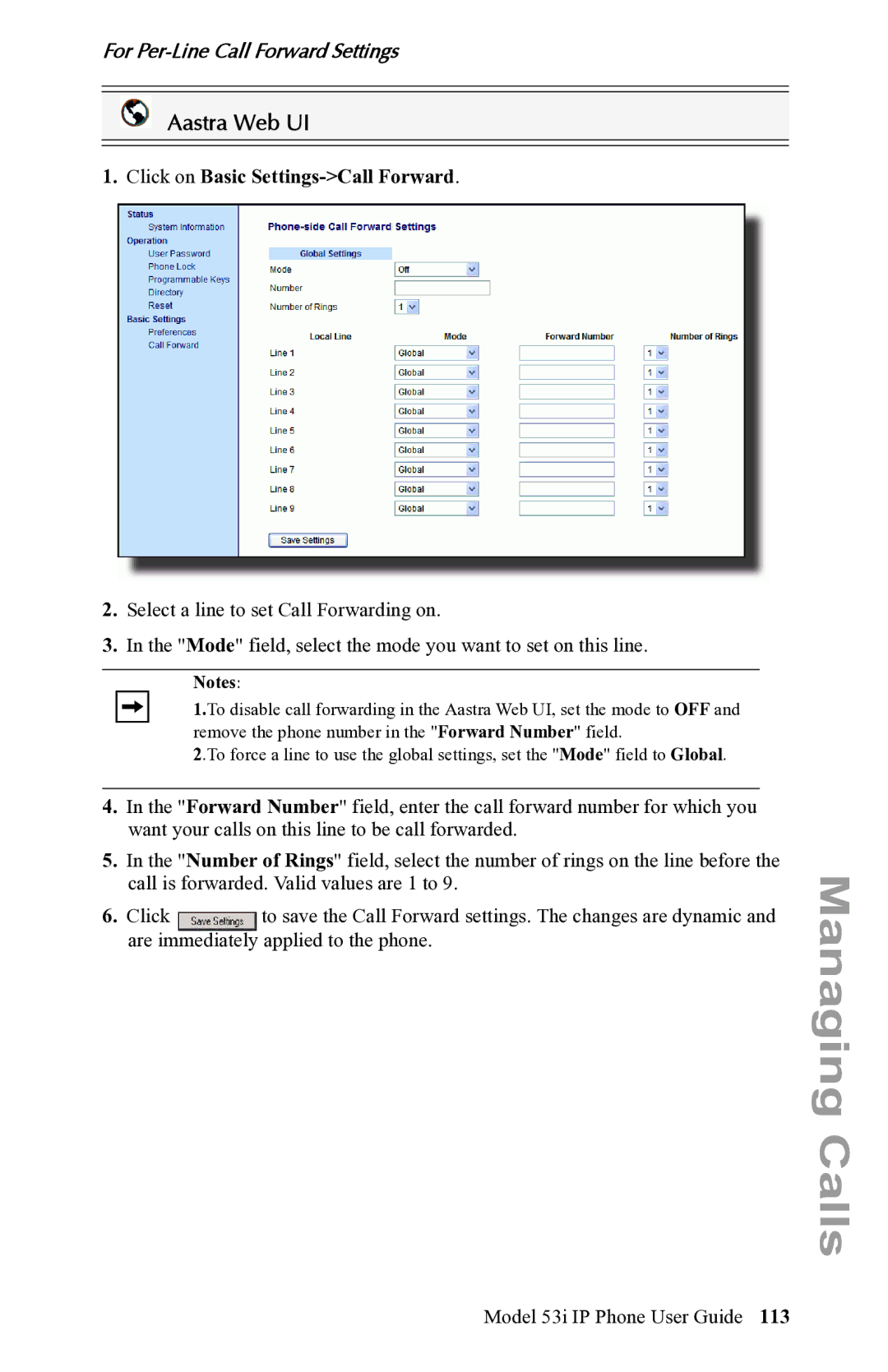 Aastra Telecom 53i IP Phone manual For Per-Line Call Forward Settings 