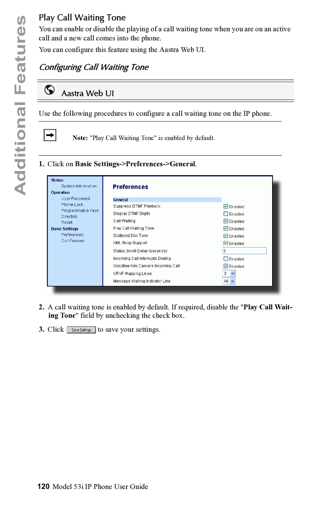 Aastra Telecom 53i IP Phone manual Play Call Waiting Tone, Configuring Call Waiting Tone 