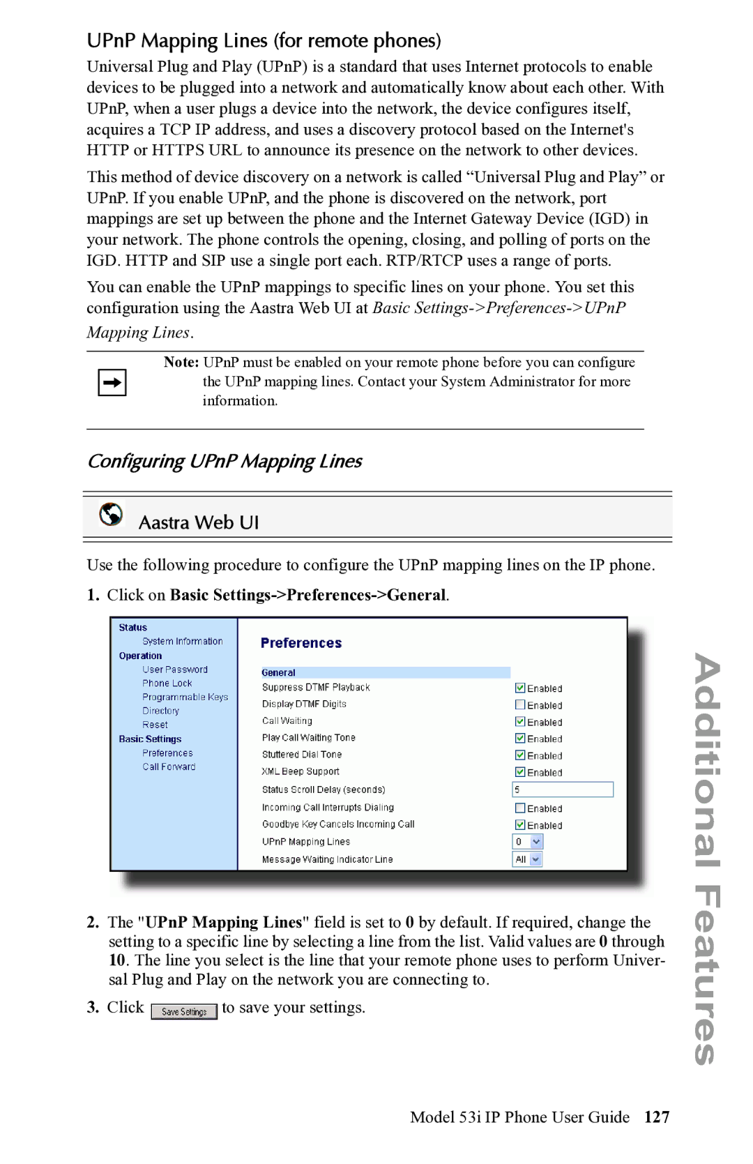 Aastra Telecom 53i IP Phone manual UPnP Mapping Lines for remote phones, Configuring UPnP Mapping Lines 