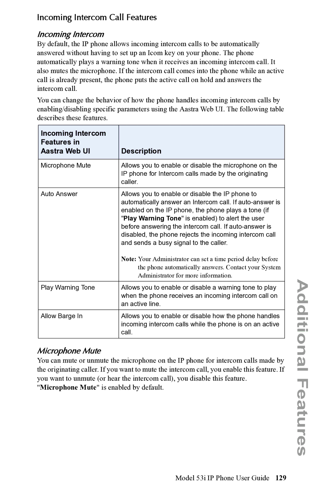 Aastra Telecom 53i IP Phone manual Incoming Intercom Call Features, Microphone Mute 