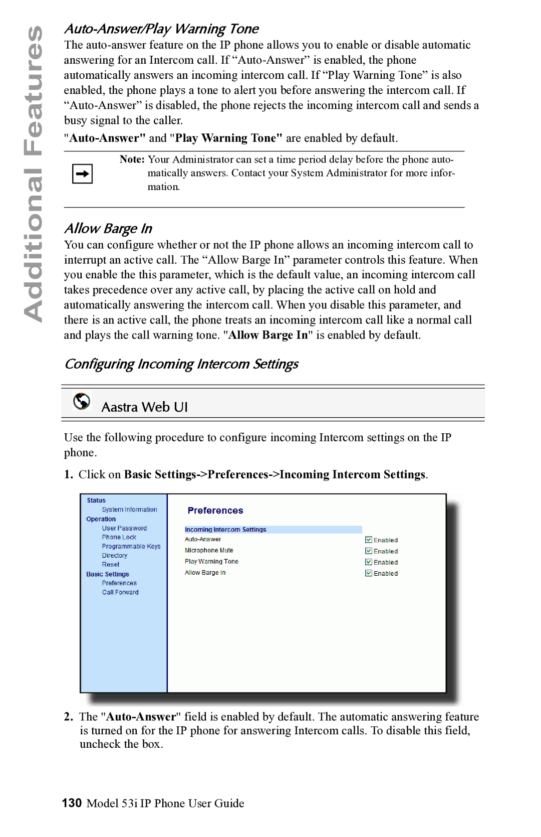 Aastra Telecom 53i IP Phone manual Auto-Answer/Play Warning Tone, Allow Barge, Configuring Incoming Intercom Settings 