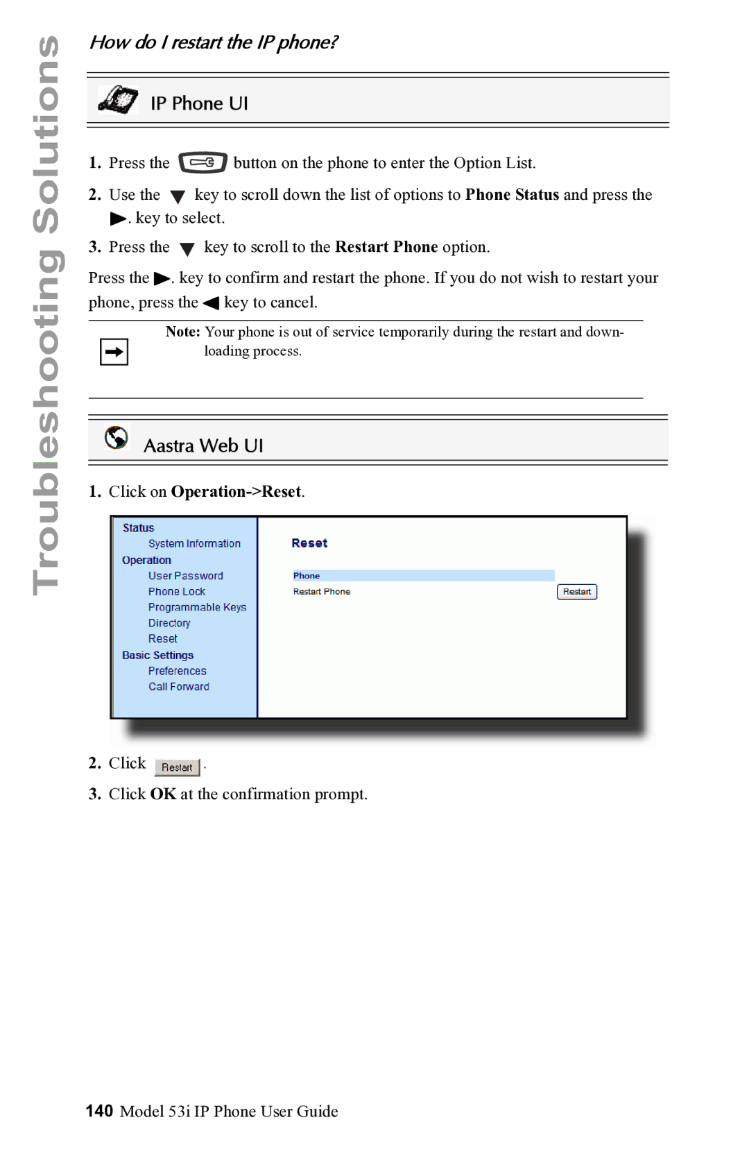 Aastra Telecom 53i IP Phone manual How do I restart the IP phone?, Click on Operation-Reset 