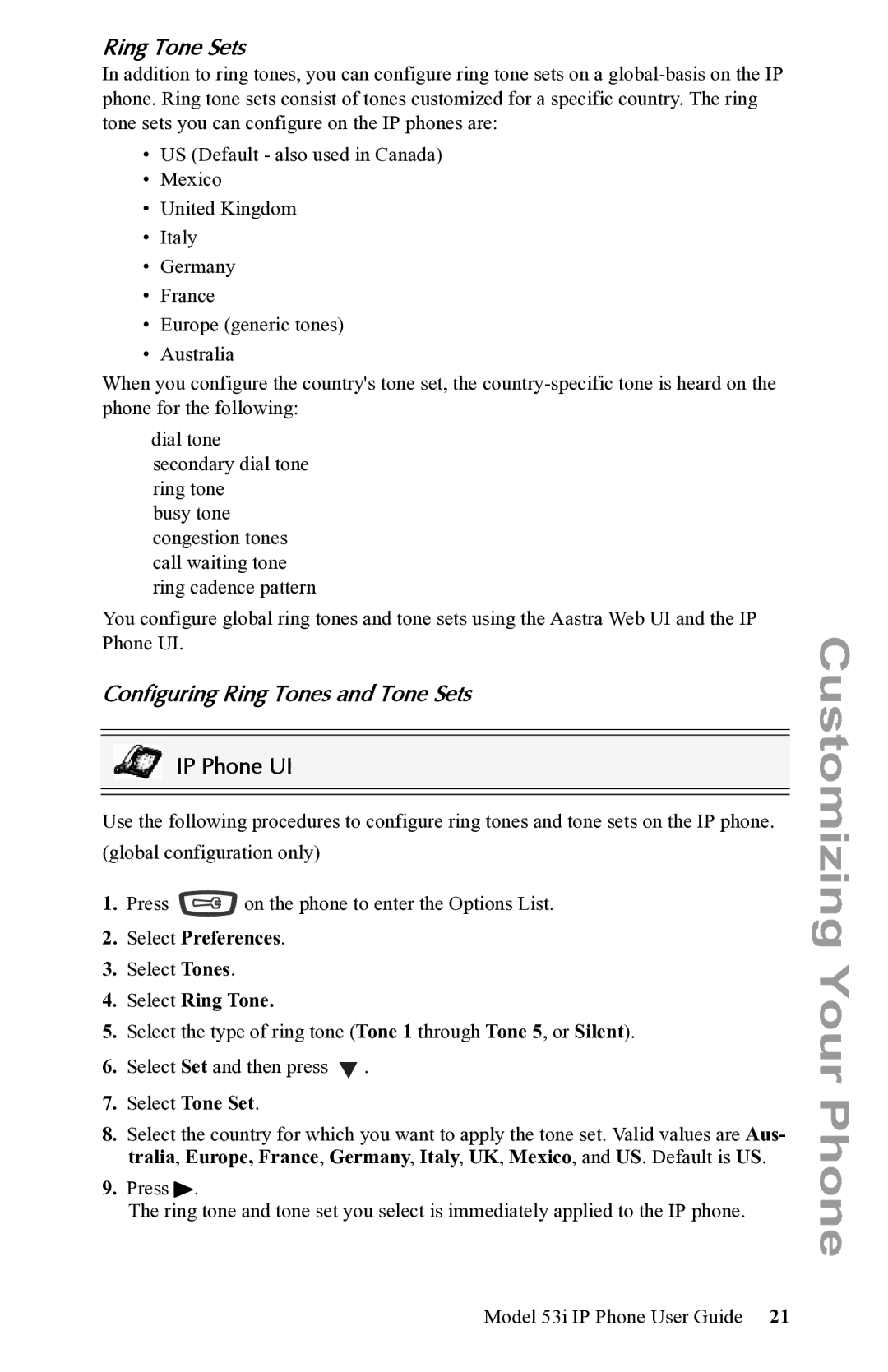 Aastra Telecom 53i IP Phone Ring Tone Sets, Configuring Ring Tones and Tone Sets, Select Preferences, Select Ring Tone 