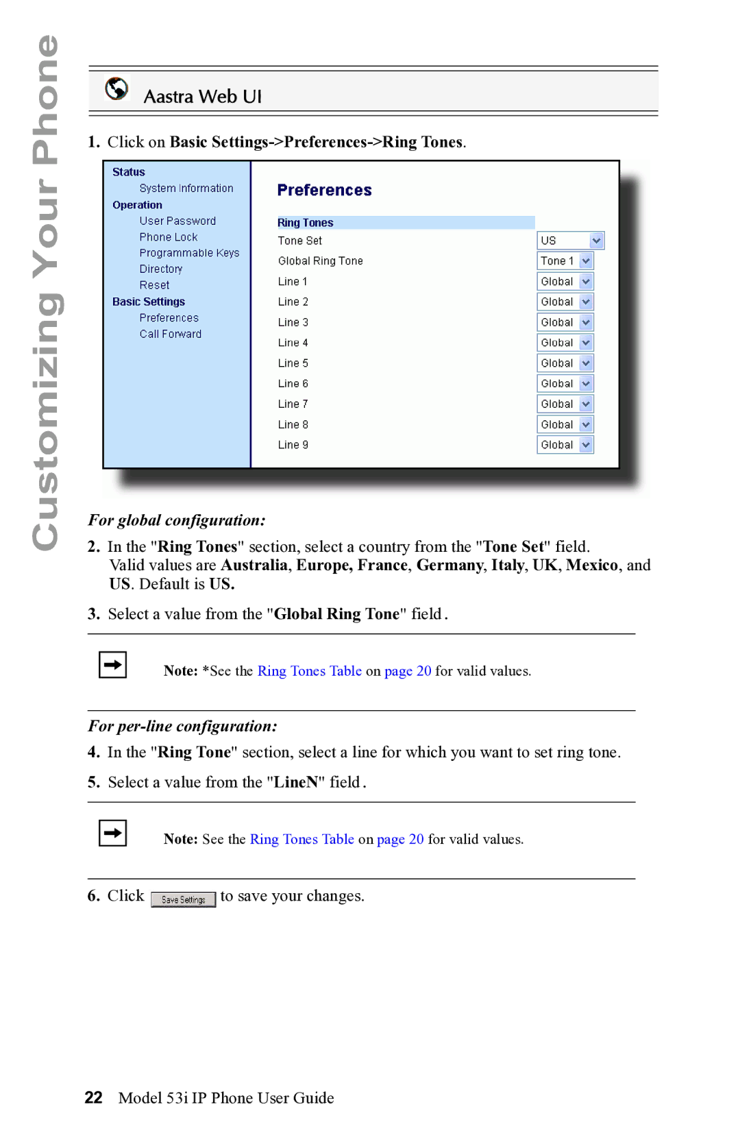 Aastra Telecom 53i IP Phone manual Click on Basic Settings-Preferences-Ring Tones, For global configuration 