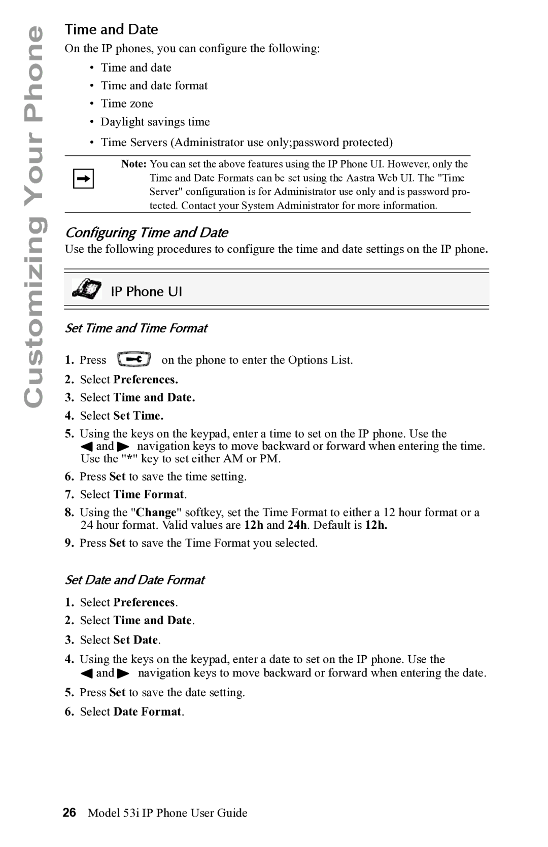 Aastra Telecom 53i IP Phone manual Configuring Time and Date, Set Time and Time Format, Set Date and Date Format 