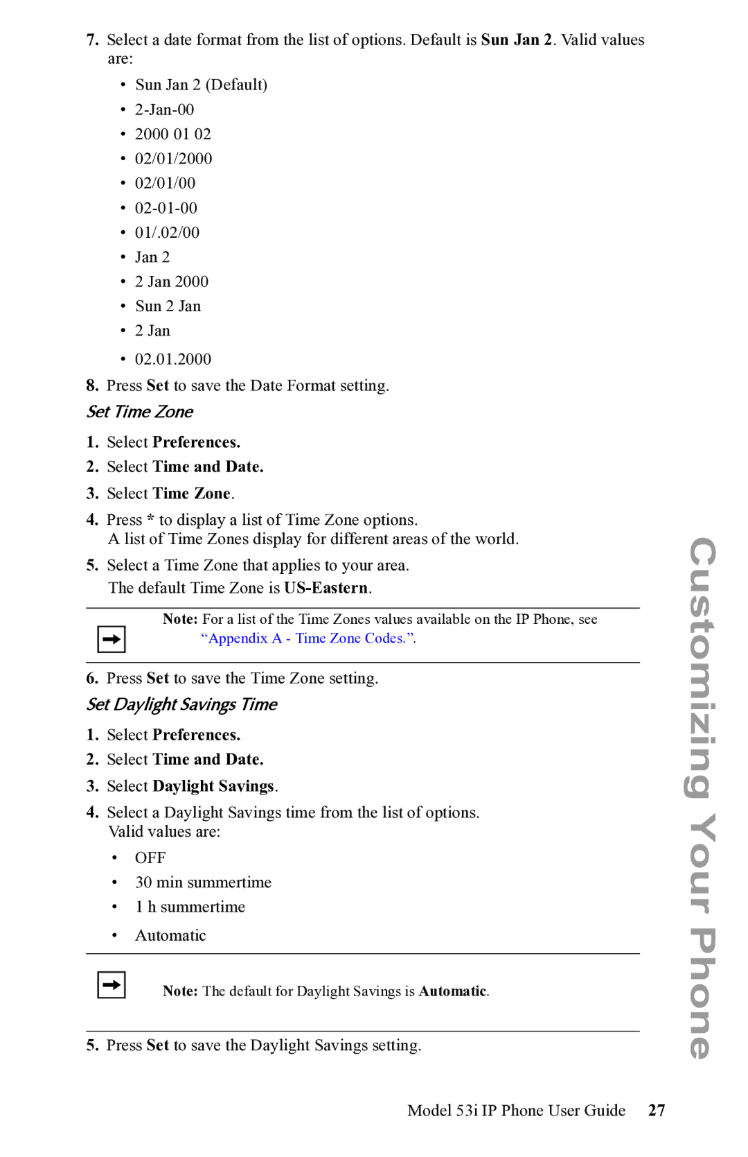 Aastra Telecom 53i IP Phone manual Set Time Zone, Select Preferences Select Time and Date Select Time Zone 