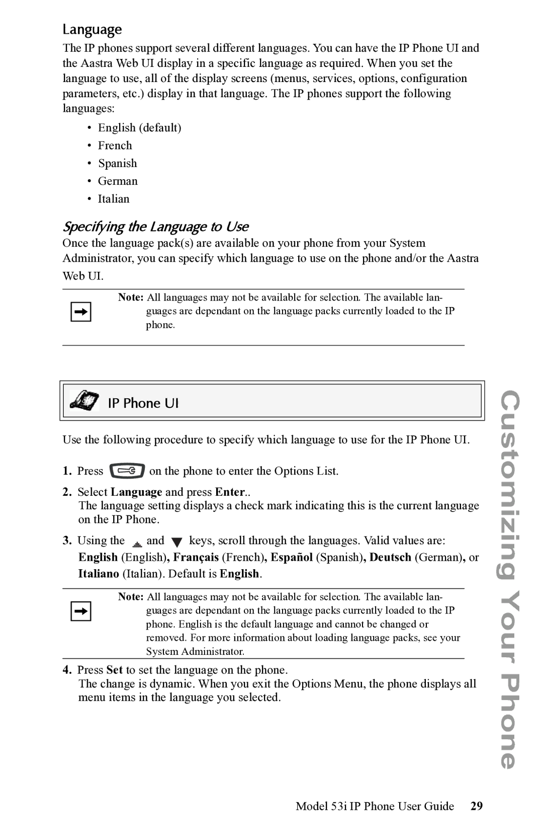 Aastra Telecom 53i IP Phone manual Specifying the Language to Use 