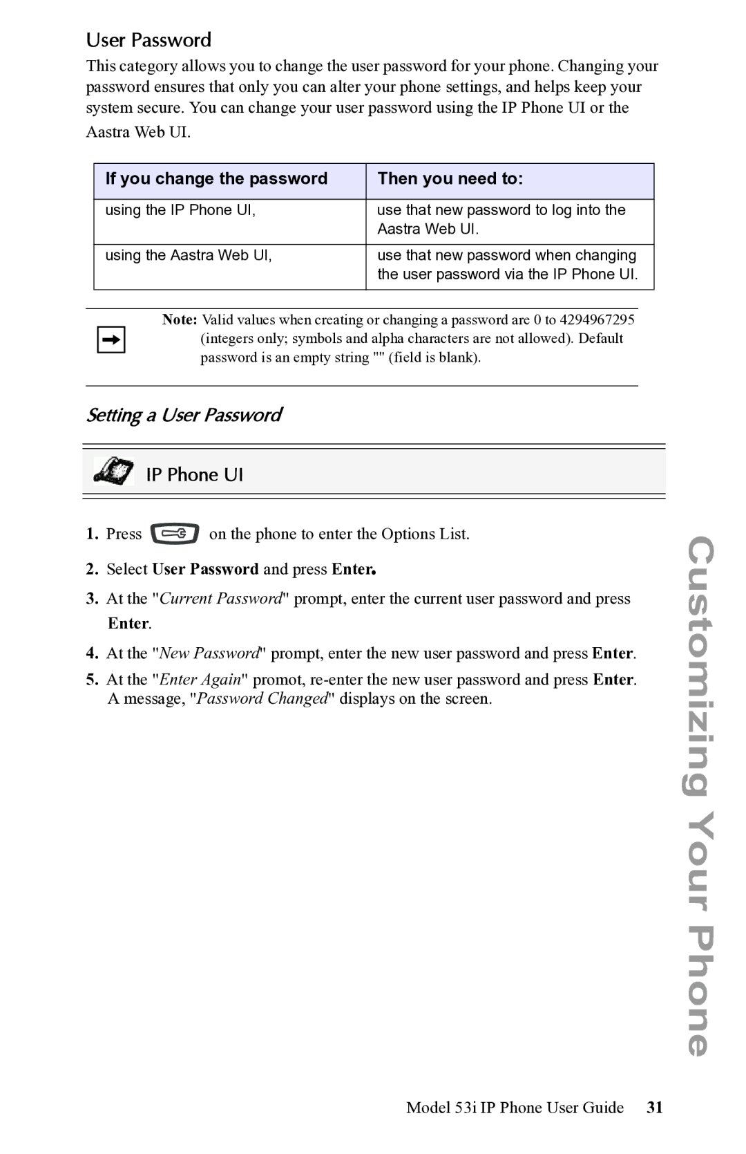 Aastra Telecom 53i IP Phone manual Setting a User Password, If you change the password Then you need to 