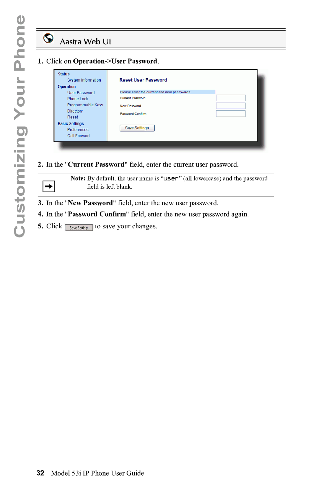 Aastra Telecom 53i IP Phone manual Click on Operation-User Password 