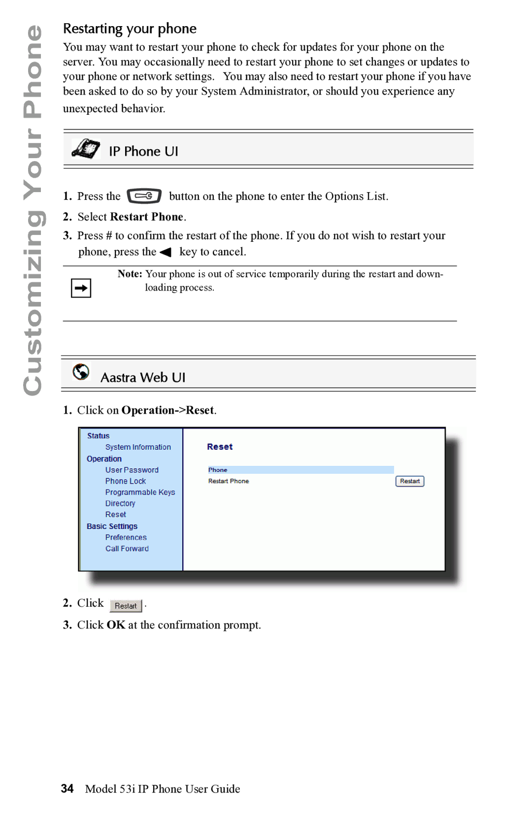 Aastra Telecom 53i IP Phone manual Restarting your phone, Select Restart Phone, Click on Operation-Reset 