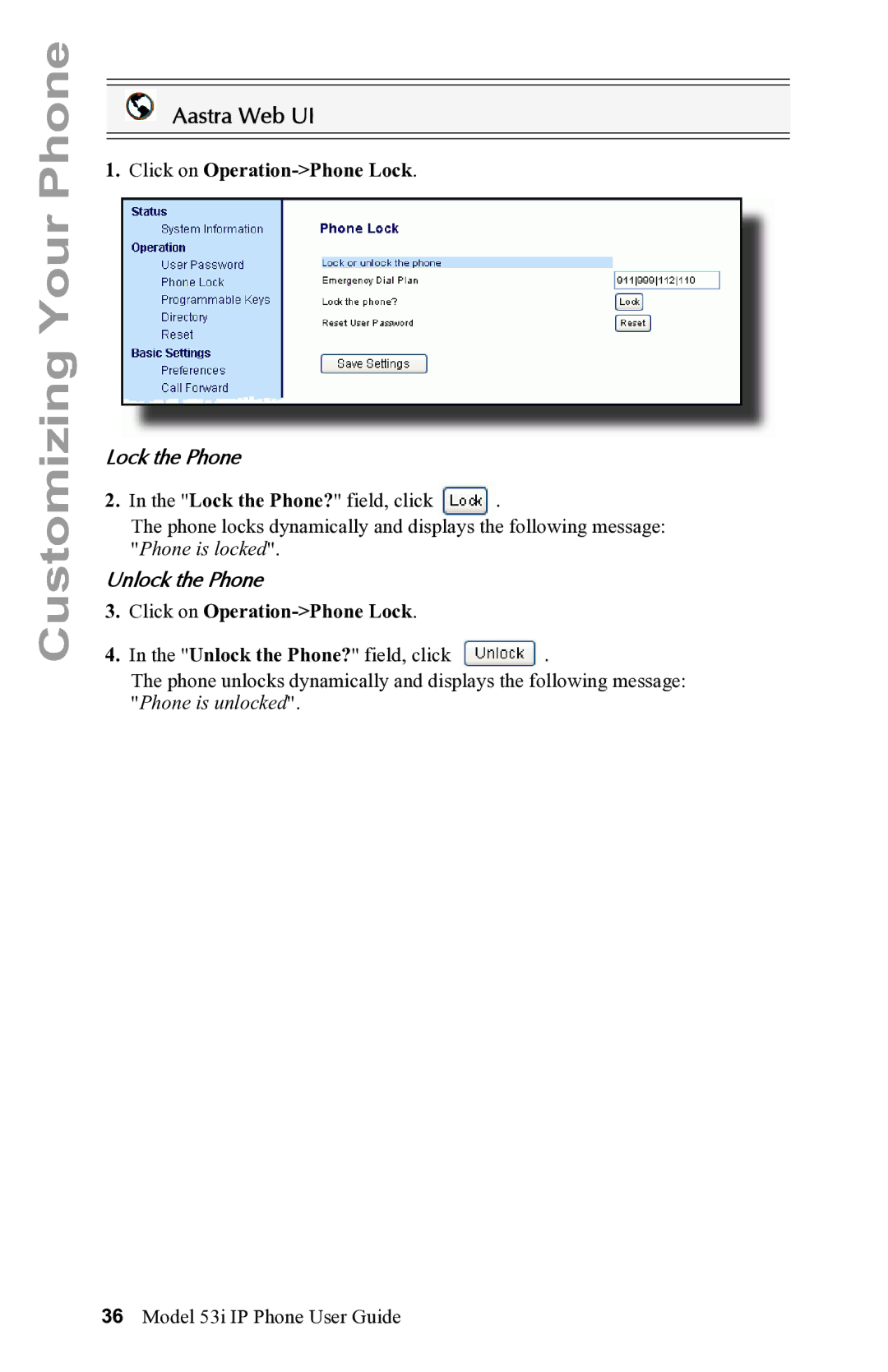 Aastra Telecom 53i IP Phone manual Click on Operation-Phone Lock, Lock the Phone? field, click 