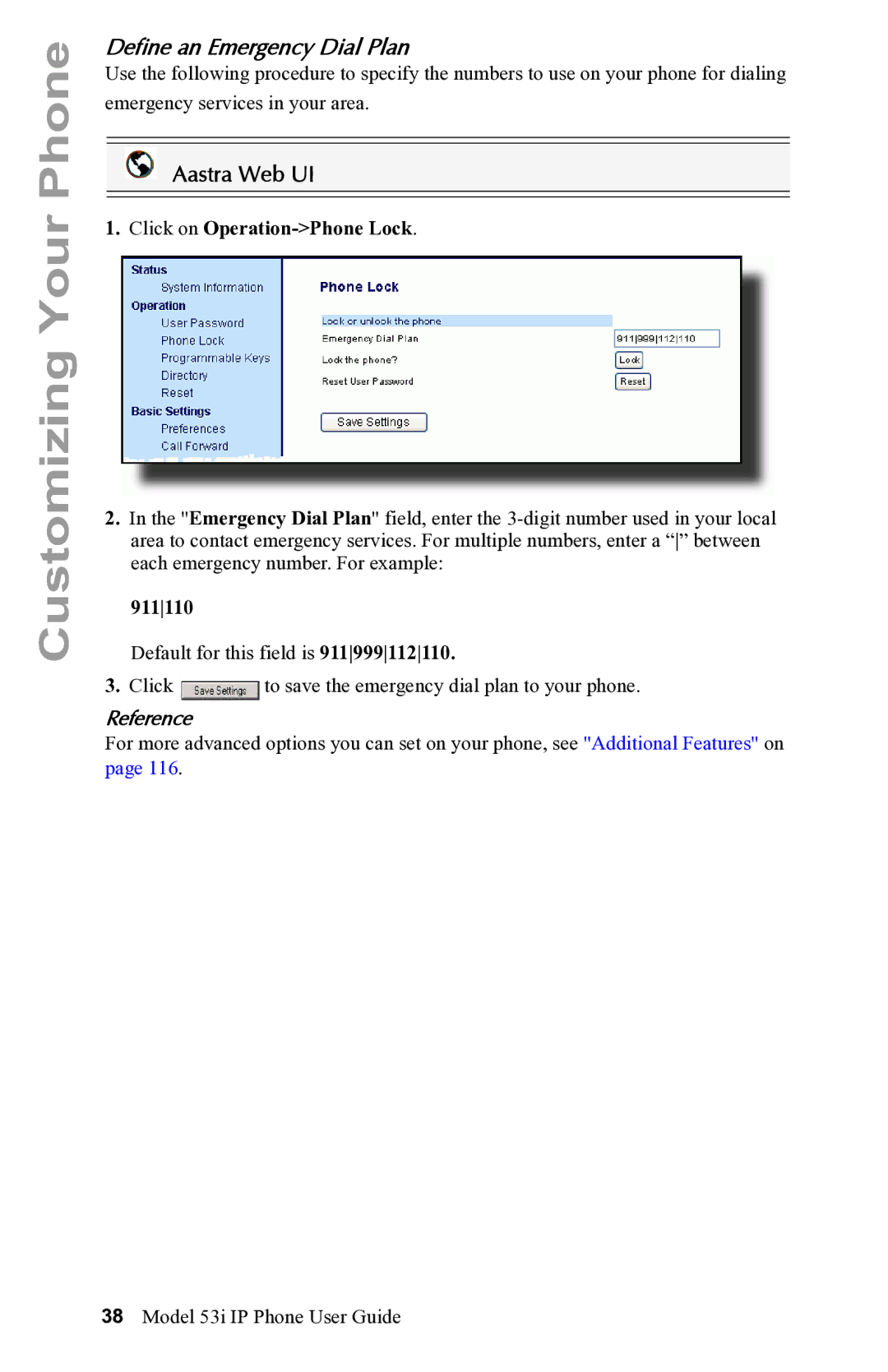 Aastra Telecom 53i IP Phone manual Define an Emergency Dial Plan, 911110 