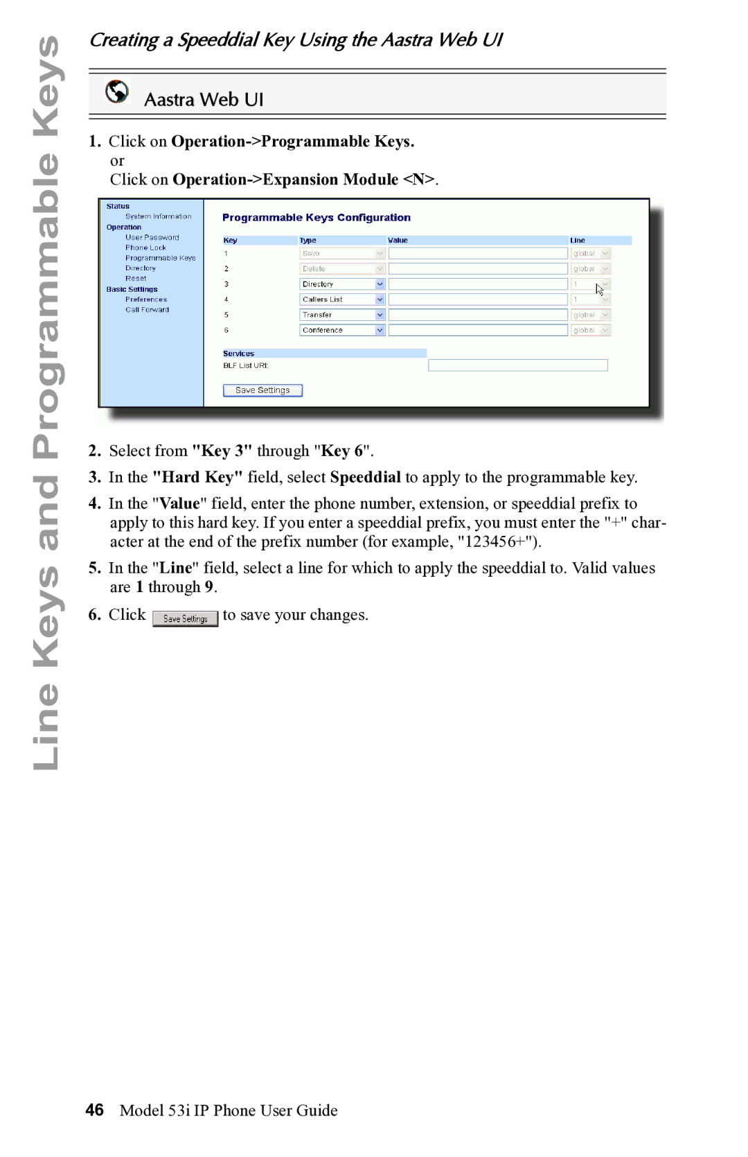 Aastra Telecom 53i IP Phone manual Creating a Speeddial Key Using the Aastra Web UI 