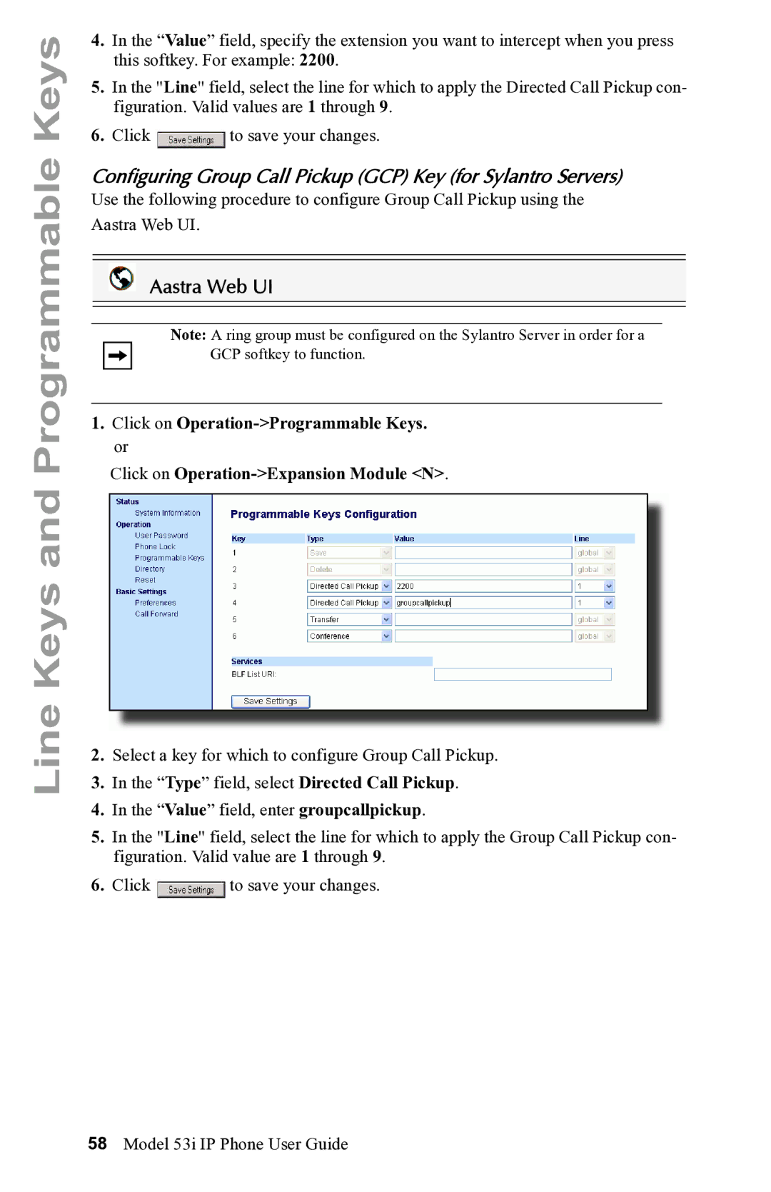 Aastra Telecom 53i IP Phone manual Configuring Group Call Pickup GCP Key for Sylantro Servers 