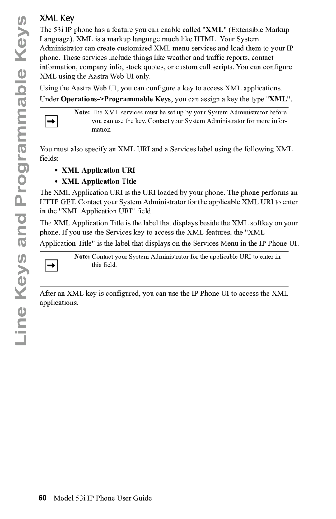 Aastra Telecom 53i IP Phone manual XML Key, XML Application URI XML Application Title 