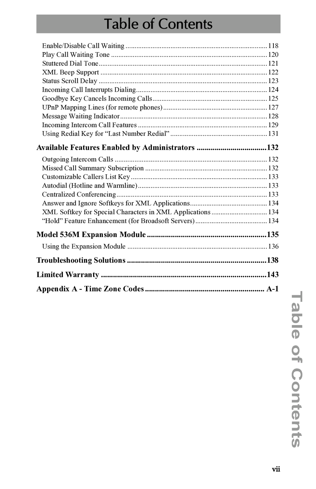 Aastra Telecom 53i IP Phone manual Available Features Enabled by Administrators 132, Vii 