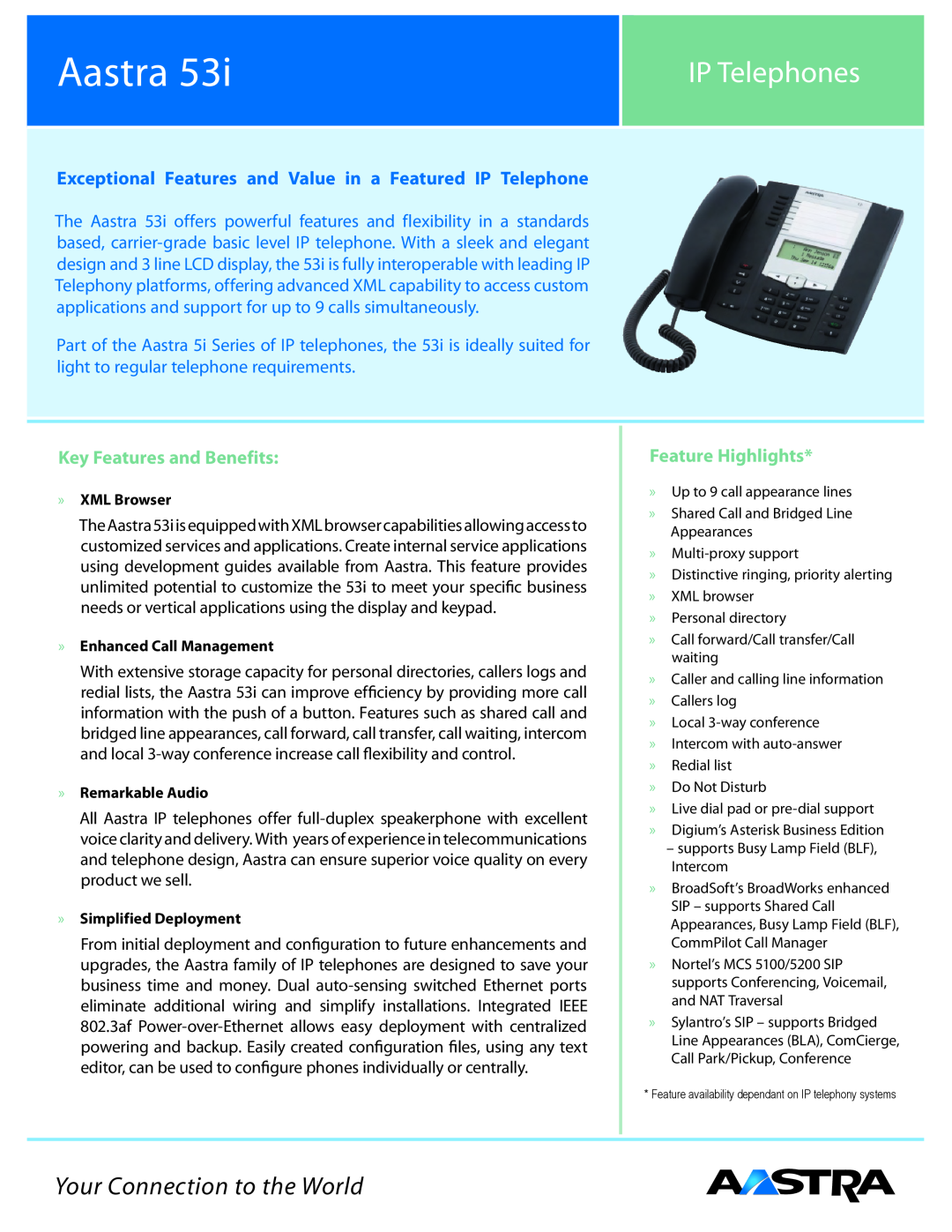 Aastra Telecom 53I manual Aastra, IP Telephones, Your Connection to the World, Key Features and Benefits 
