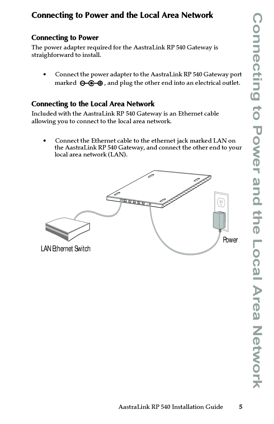 Aastra Telecom 540 manual Connecting to Power and the Local Area Network, Connecting to the Local Area Network 