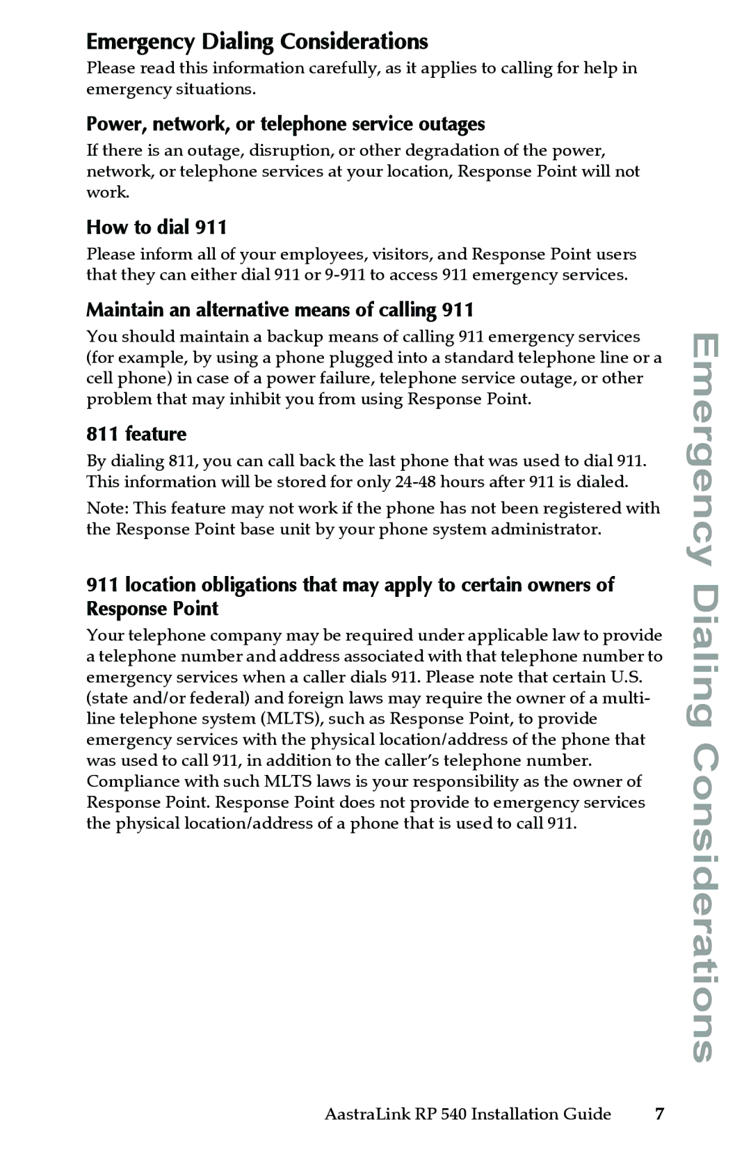 Aastra Telecom 540 manual Emergency Dialing Considerations 