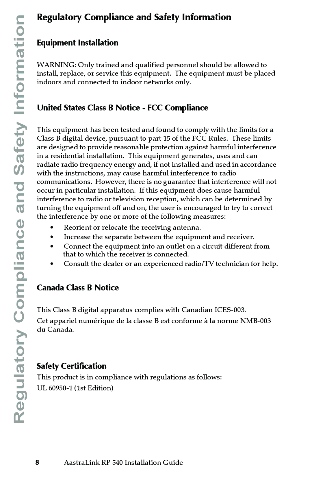 Aastra Telecom 540 manual Regulatory Compliance and Safety Information, Canada Class B Notice, Safety Certification 