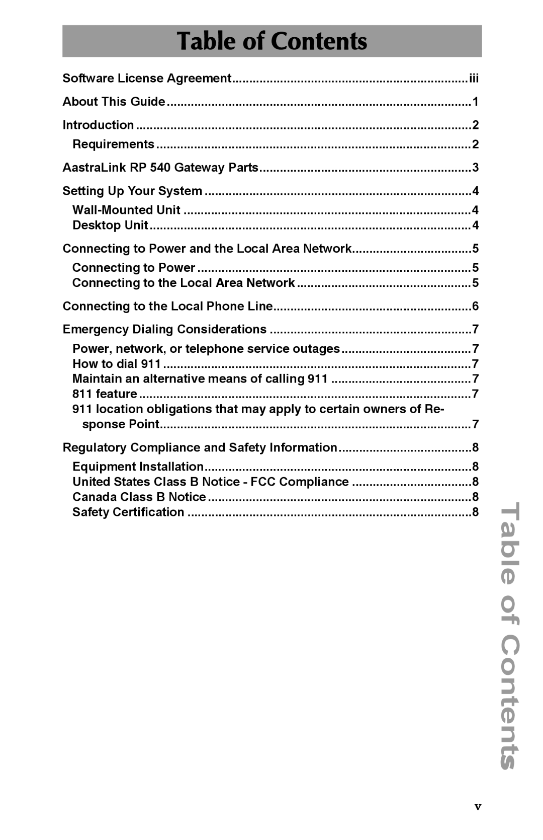 Aastra Telecom 540 manual Table of Contents 