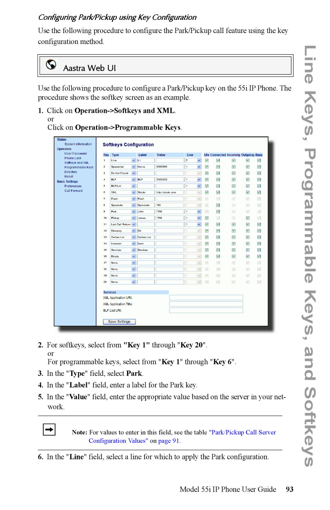 Aastra Telecom 55i IP Phone manual Configuring Park/Pickup using Key Configuration 