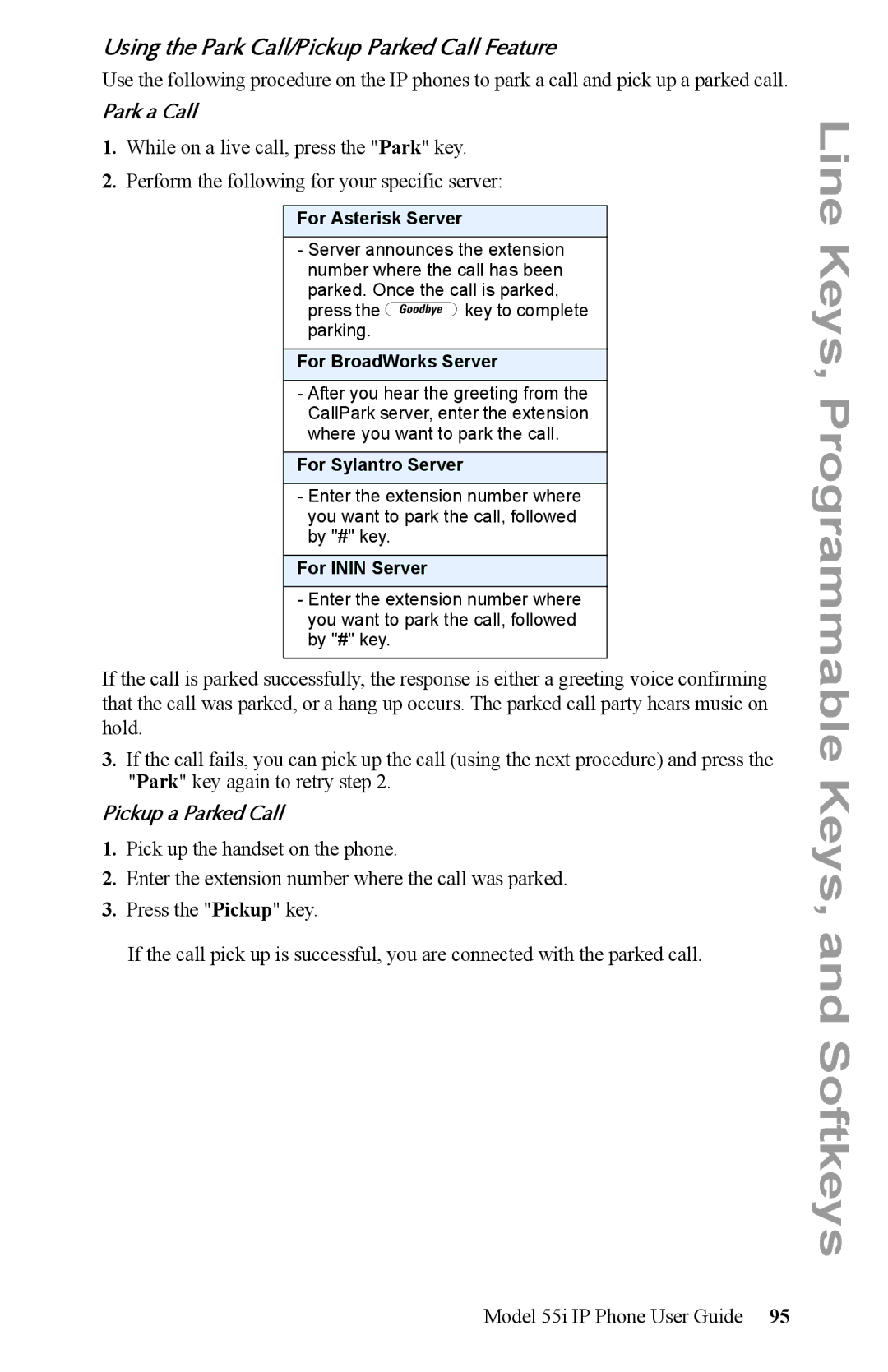 Aastra Telecom 55i IP Phone manual Using the Park Call/Pickup Parked Call Feature, Park a Call, Pickup a Parked Call 