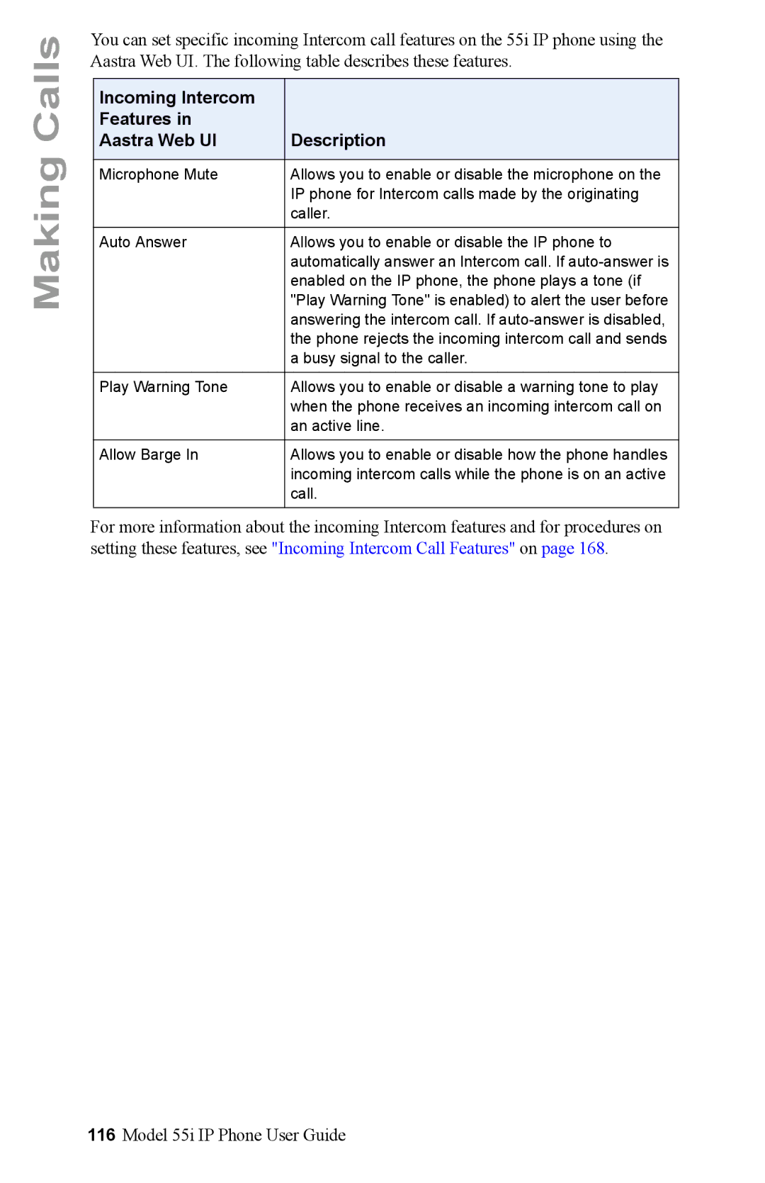 Aastra Telecom 55i IP Phone manual Incoming Intercom Features Description Aastra Web UI 