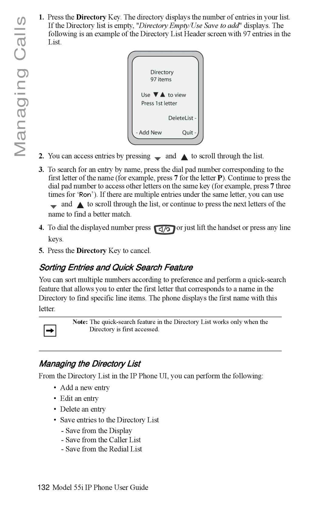 Aastra Telecom 55i IP Phone manual Sorting Entries and Quick Search Feature, Managing the Directory List 