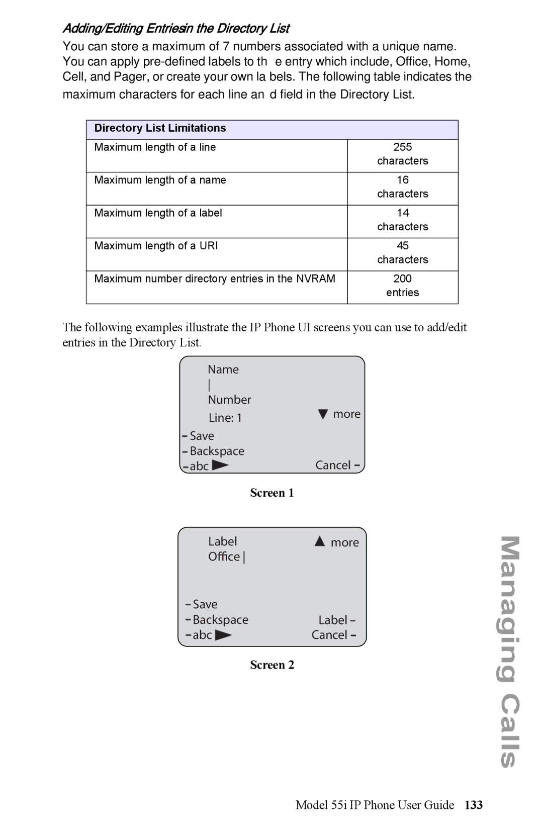 Aastra Telecom 55i IP Phone manual Adding/Editing Entries in the Directory List, Name Number Line, Screen, Label 