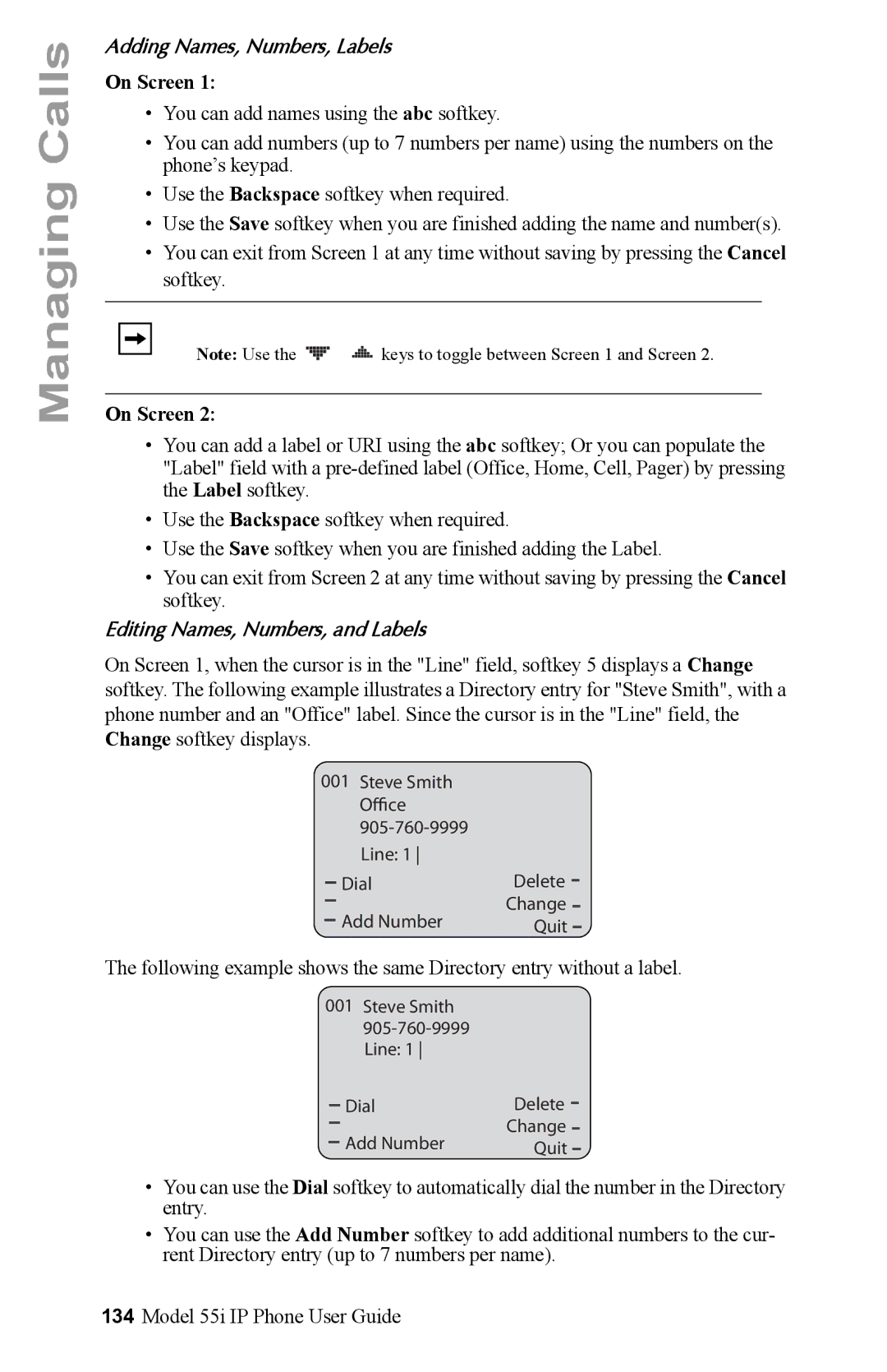 Aastra Telecom 55i IP Phone manual Adding Names, Numbers, Labels, On Screen, Editing Names, Numbers, and Labels 