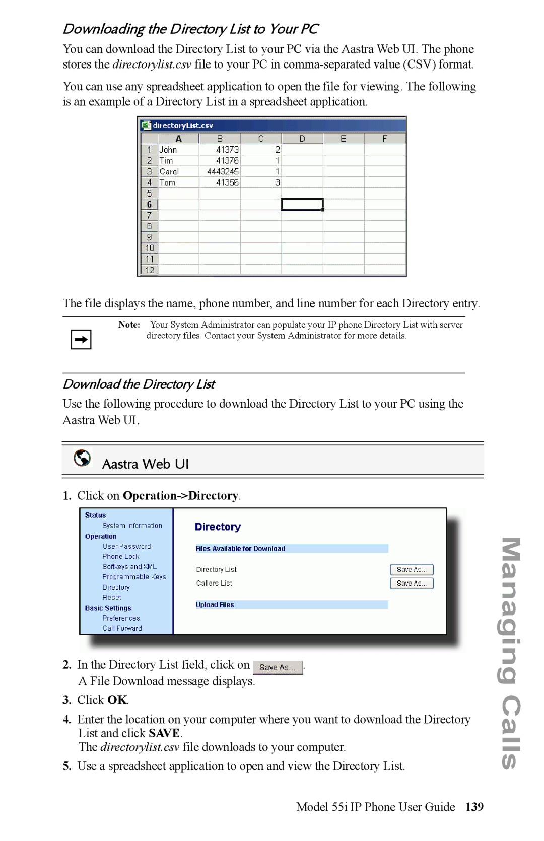 Aastra Telecom 55i IP Phone manual Downloading the Directory List to Your PC, Download the Directory List 