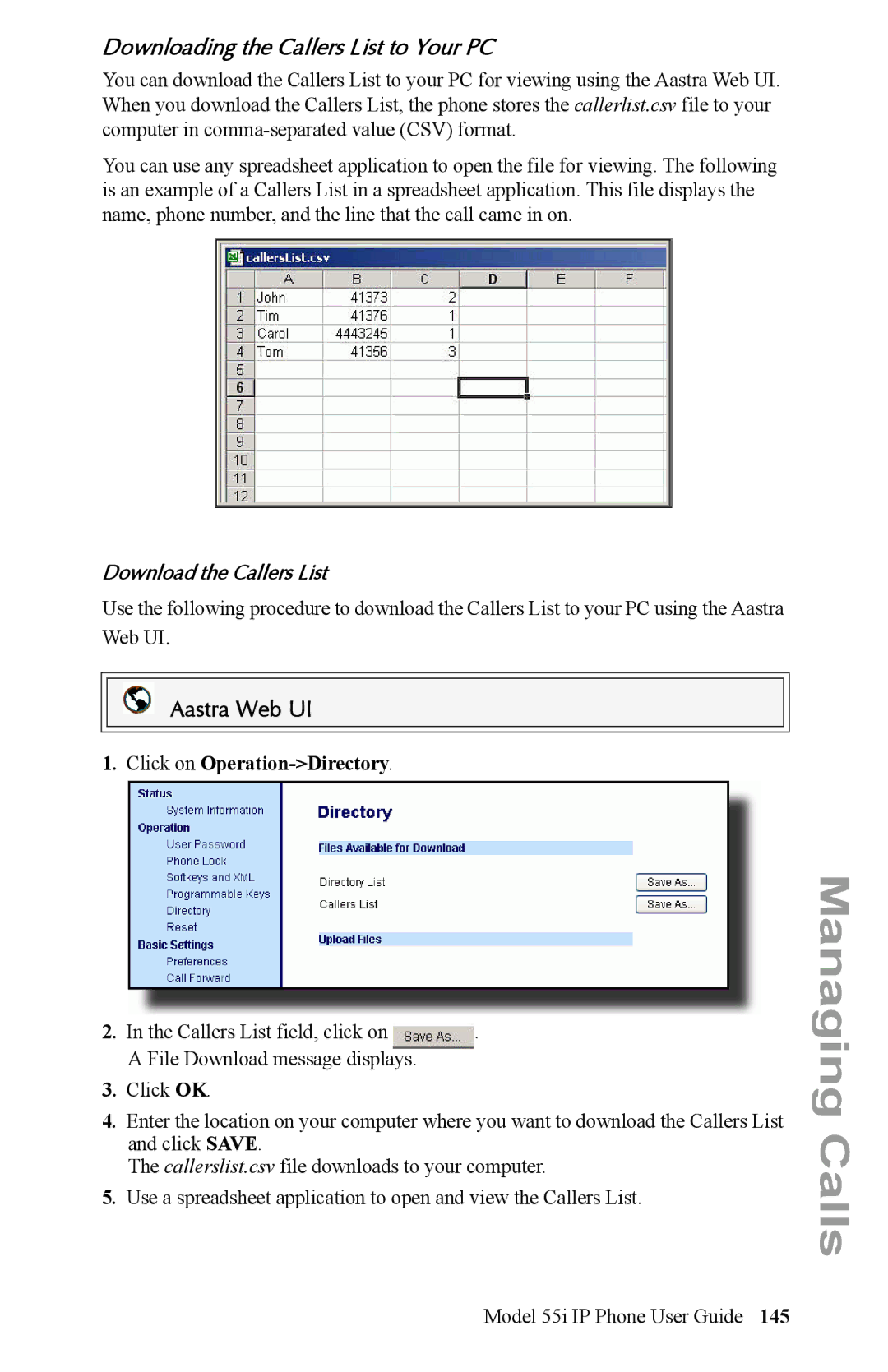 Aastra Telecom 55i IP Phone manual Downloading the Callers List to Your PC, Download the Callers List 