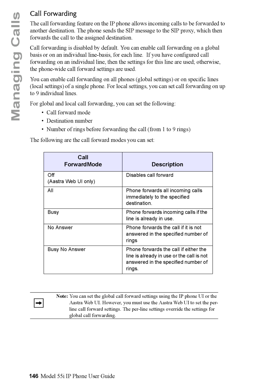 Aastra Telecom 55i IP Phone manual Call Forwarding, Call Description ForwardMode 